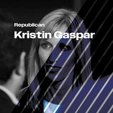 Republican political poster featuring Kristin Gaspar with her name and party affiliation, black-and-white photo with diagonal blue and black lines.