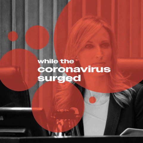 A woman with blonde hair sitting at a desk, overlaid with red circles and white text that reads "while the coronavirus surged."