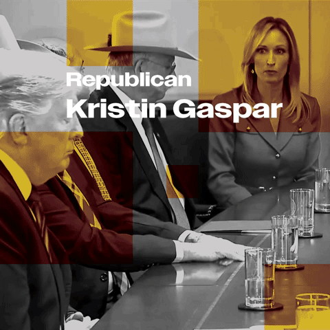 A political meeting with four elderly men sitting at a table, a woman sitting across from them, with an overlay text reading 'Republican Kristin Gaspar.'