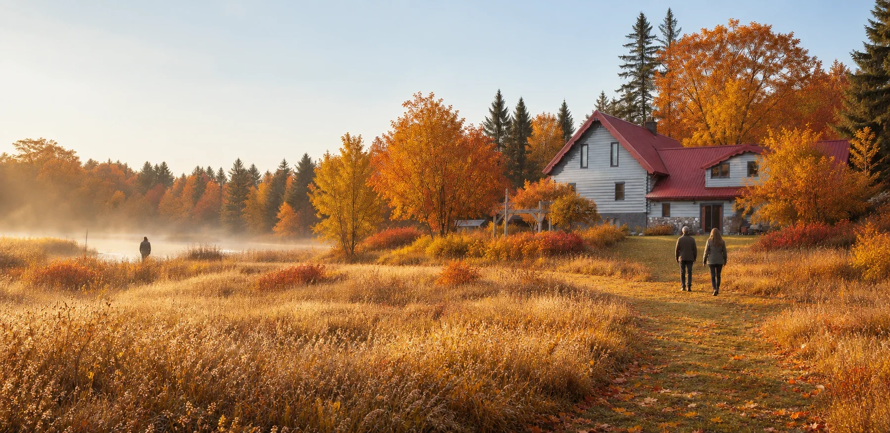 A scenic autumn landscape with trees in fall colors, a house with a red roof, a dirt path, and three people walking on the path during sunrise or sunset, with mist over a field.