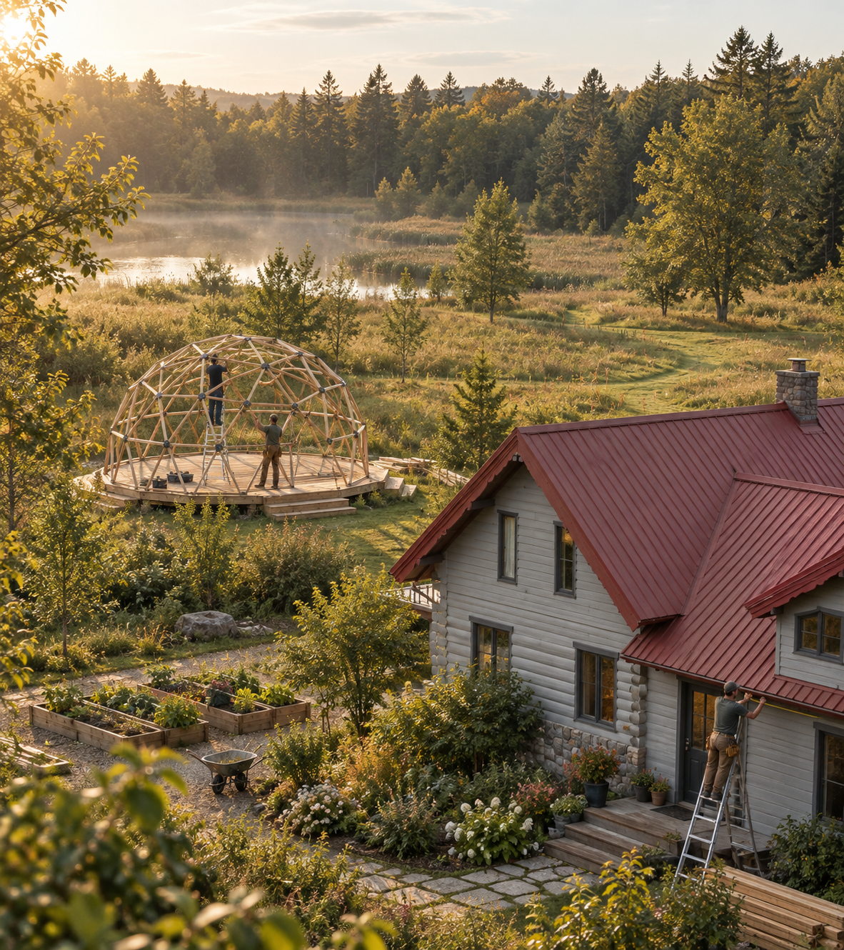 A house with a red metal roof surrounded by a lush garden, with two men working on the house and a geodesic dome under construction in a green landscape with trees and a pond in the background.