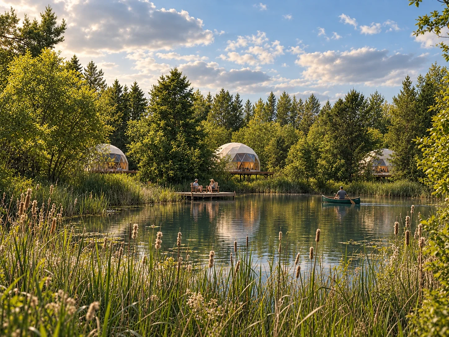A serene lake scene with lush green trees, two geodesic dome cabins on stilts among the trees, and a couple sitting on a dock by the water. A person paddles a canoe on the lake, and the sky is partly cloudy with warm sunlight.