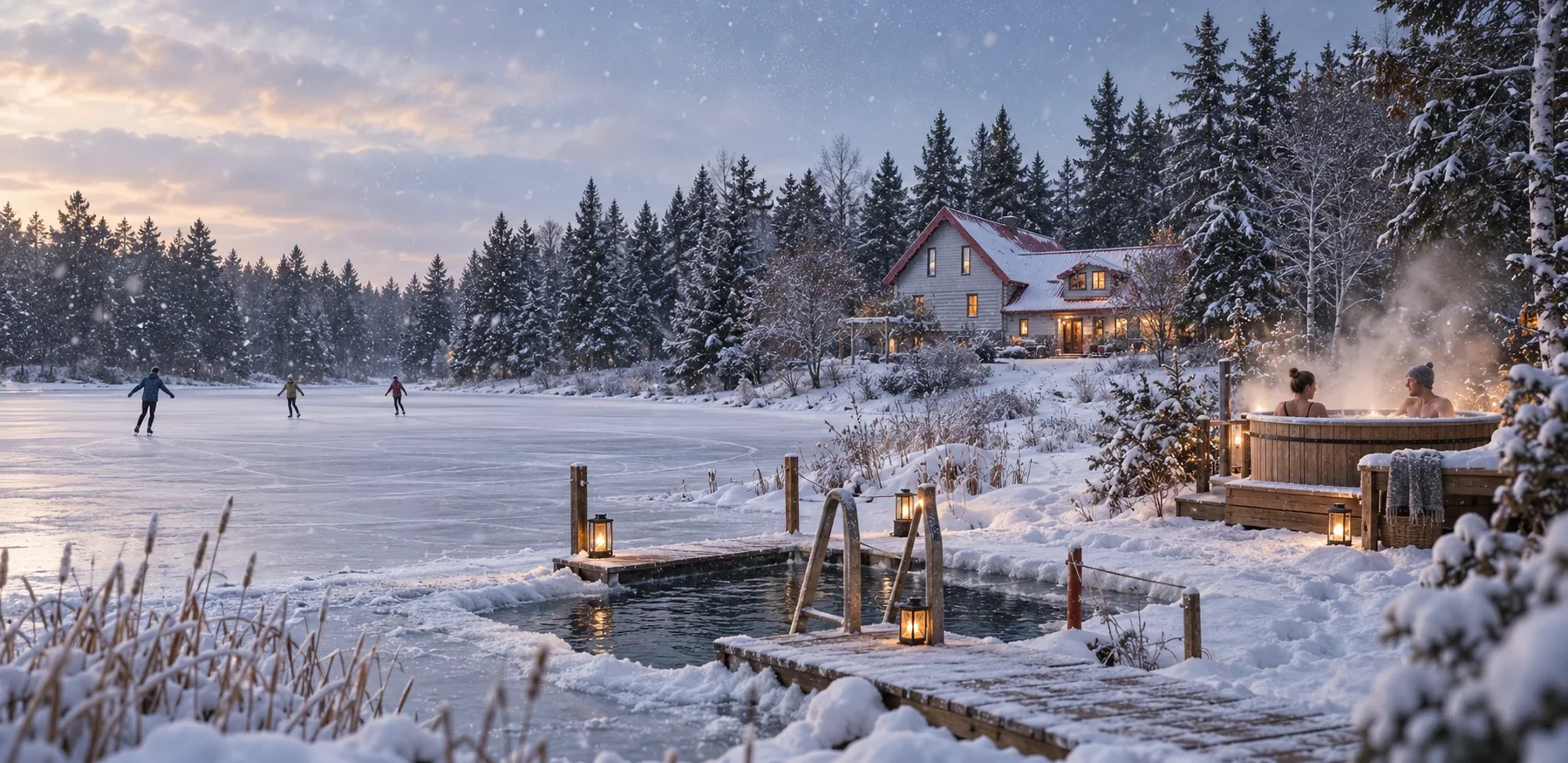 People ice skating on a snowy pond near a house, with two women relaxing in a hot tub nearby, surrounded by snow-covered trees and lanterns at dusk.