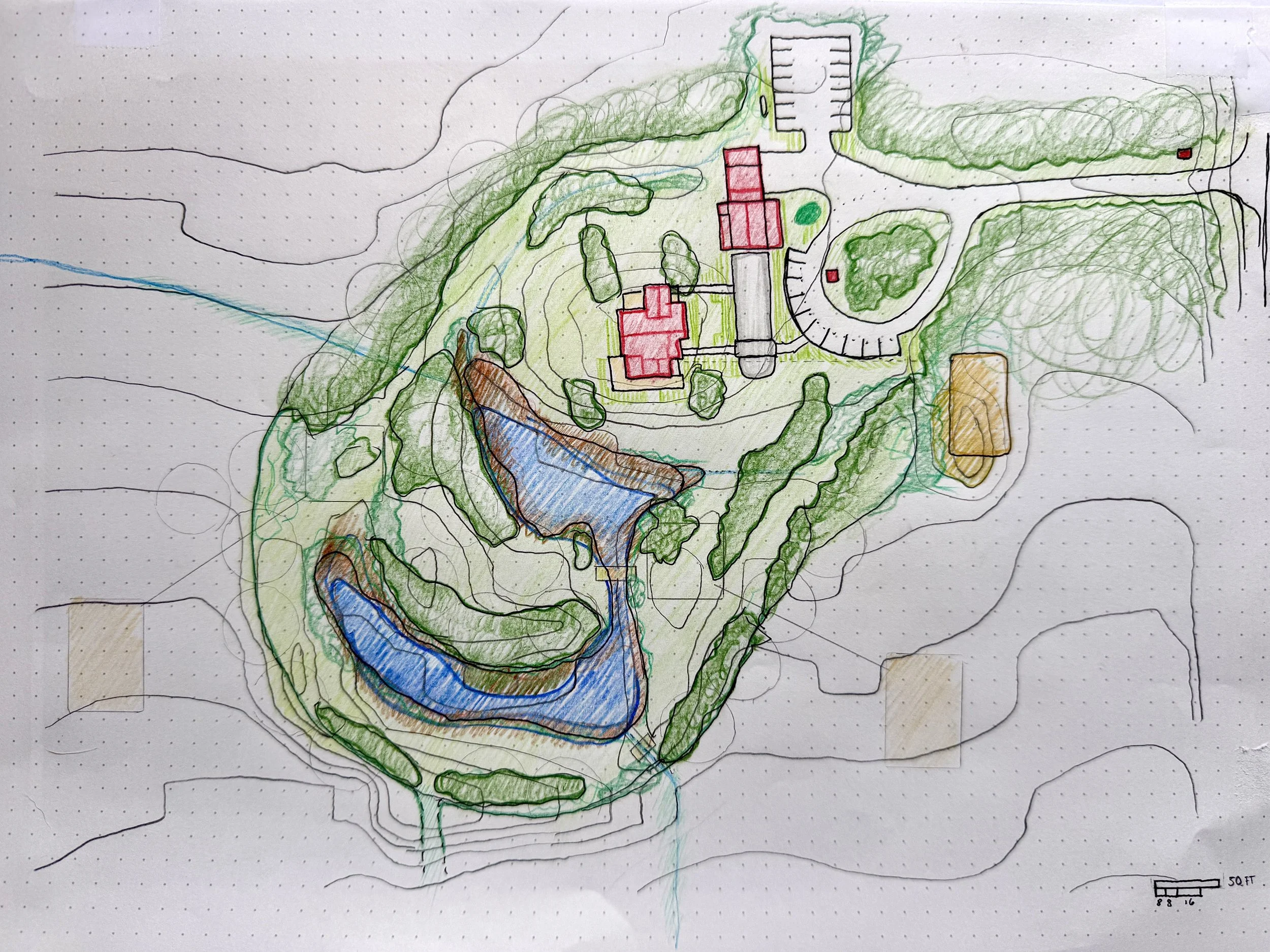 A landscape plan sketch with color-coded elements, including water features, green areas for trees or grass, and structures, with topographic contour lines, a scale bar, and directional indicators.
