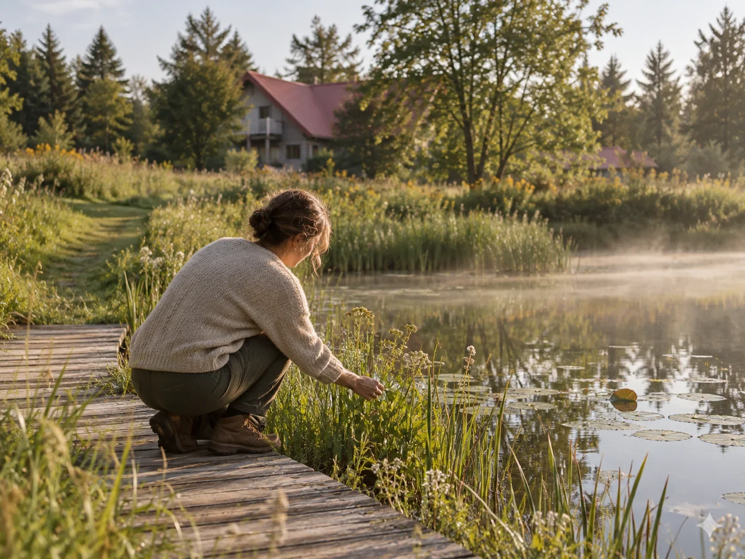 A woman kneeling by a pond at sunrise or sunset, surrounded by greenery and flowers, with a house and trees in the background.