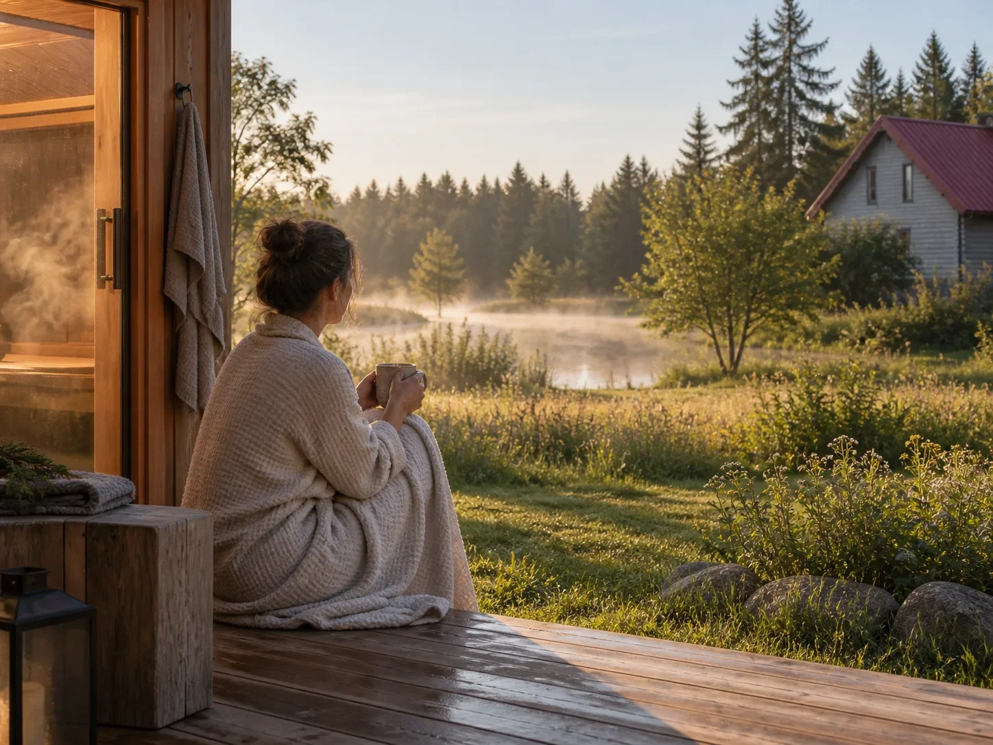 A woman sitting on a wooden porch covered with a cozy blanket, holding a mug, looking out at a misty pond and trees in the early morning sunlight, with a house and pine trees in the background.
