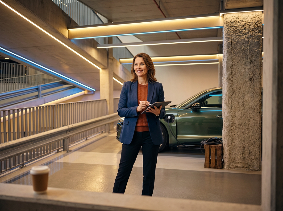 Woman in business attire standing in parking garage, smiling, holding a tablet and pen, with an electric car plugged in nearby.