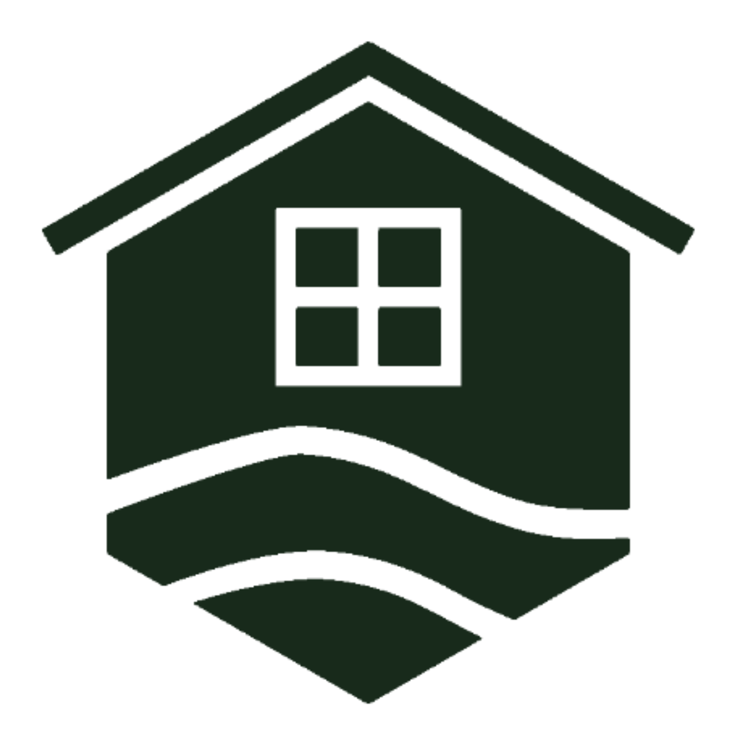 Icon of a house with a triangular roof, door, and windows.