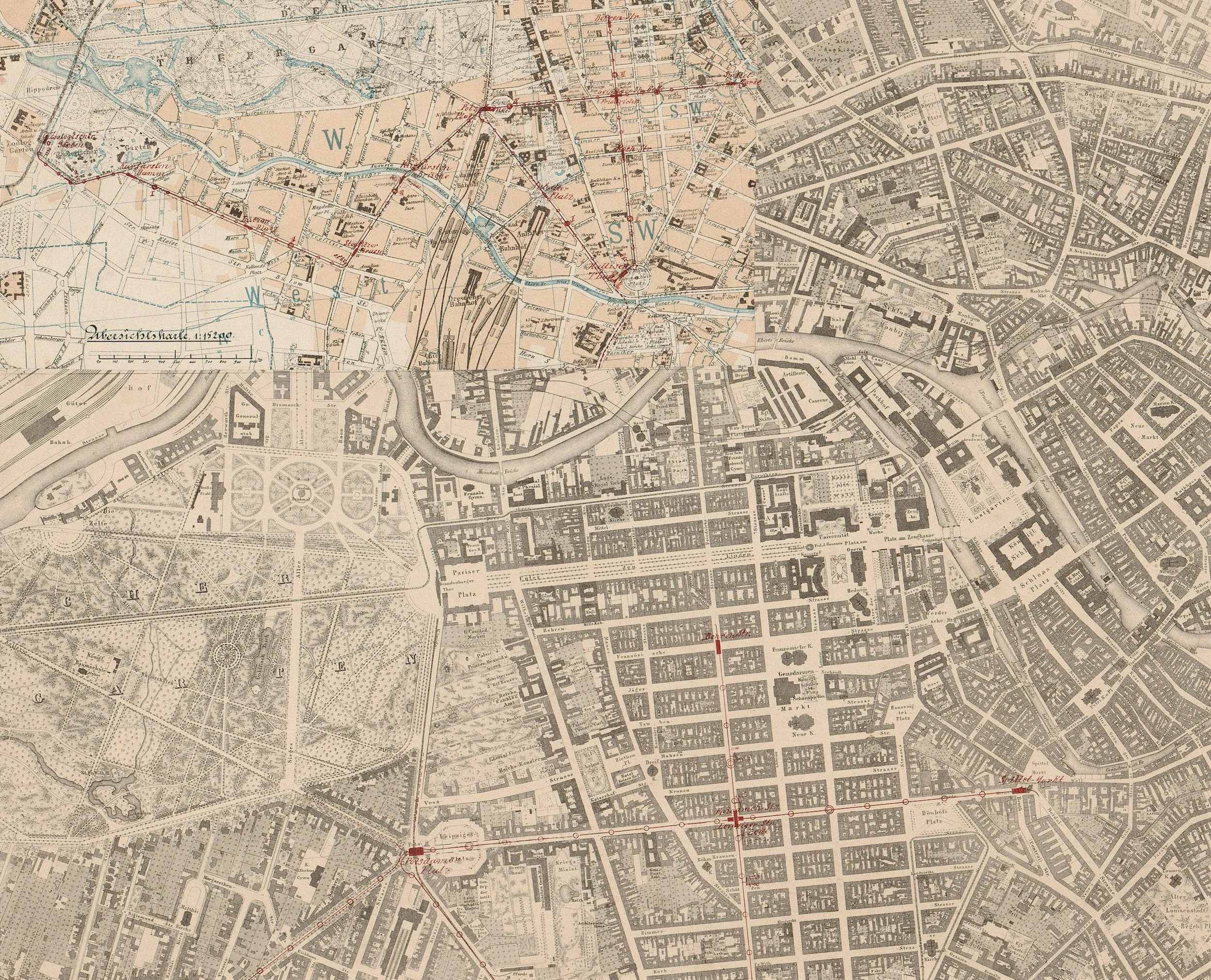 An old detailed city map showing streets, waterways, parks, and buildings, with labels in German, indicating it is a historical map of Berlin.