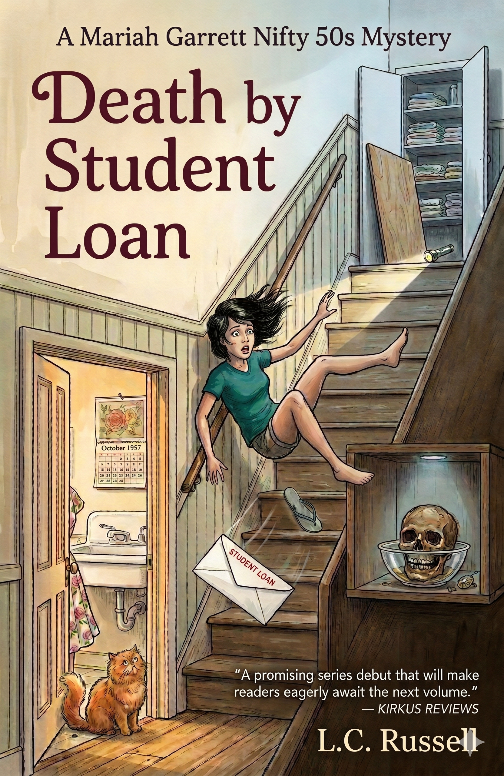 Death by Student Loan book cover, a Mariah Garrett Nifty 50s Mystery by L.C. Russell