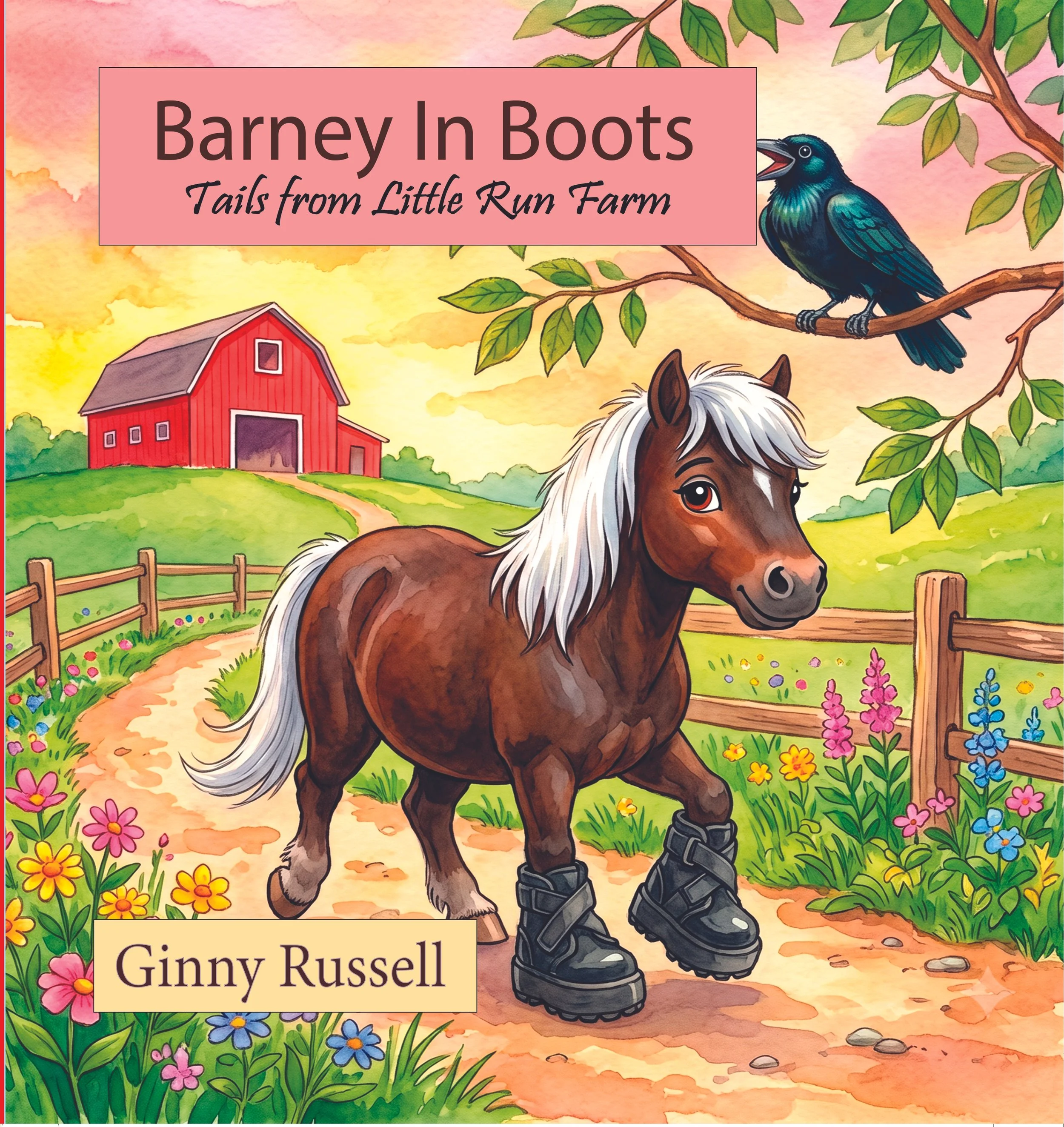 Illustration of a pony with a white mane wearing black boots, standing on a dirt path surrounded by colorful flowers, a wooden fence, and a red barn. The cover reads "Barney In Boots, Tails from Little Run Farm" by Ginny Russell.