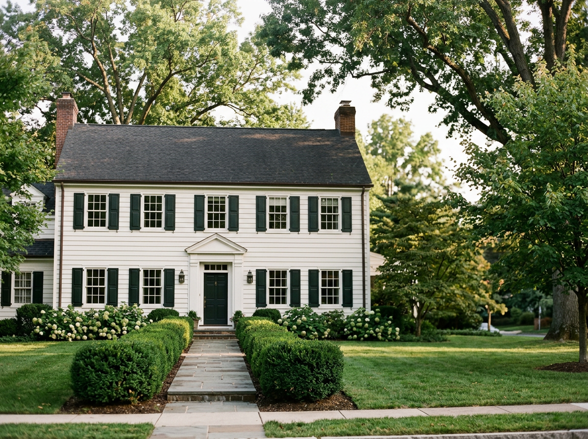 A two-story white house with black shutters, a black door, and a brick chimney, surrounded by a green lawn, bushes, and trees.