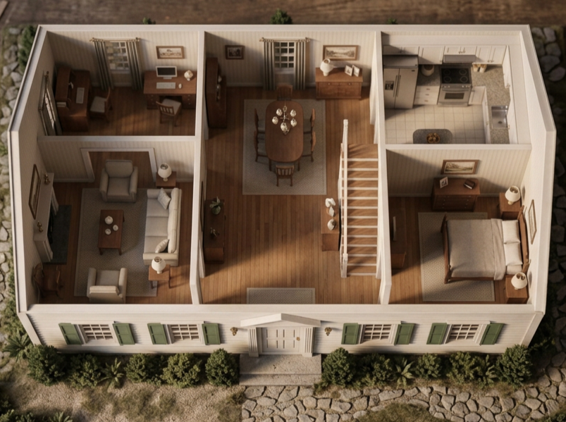Top-down view of a model house interior showing a living room with couches, dining area with a table and chairs, kitchen with appliances, and a bedroom with a bed and nightstands.