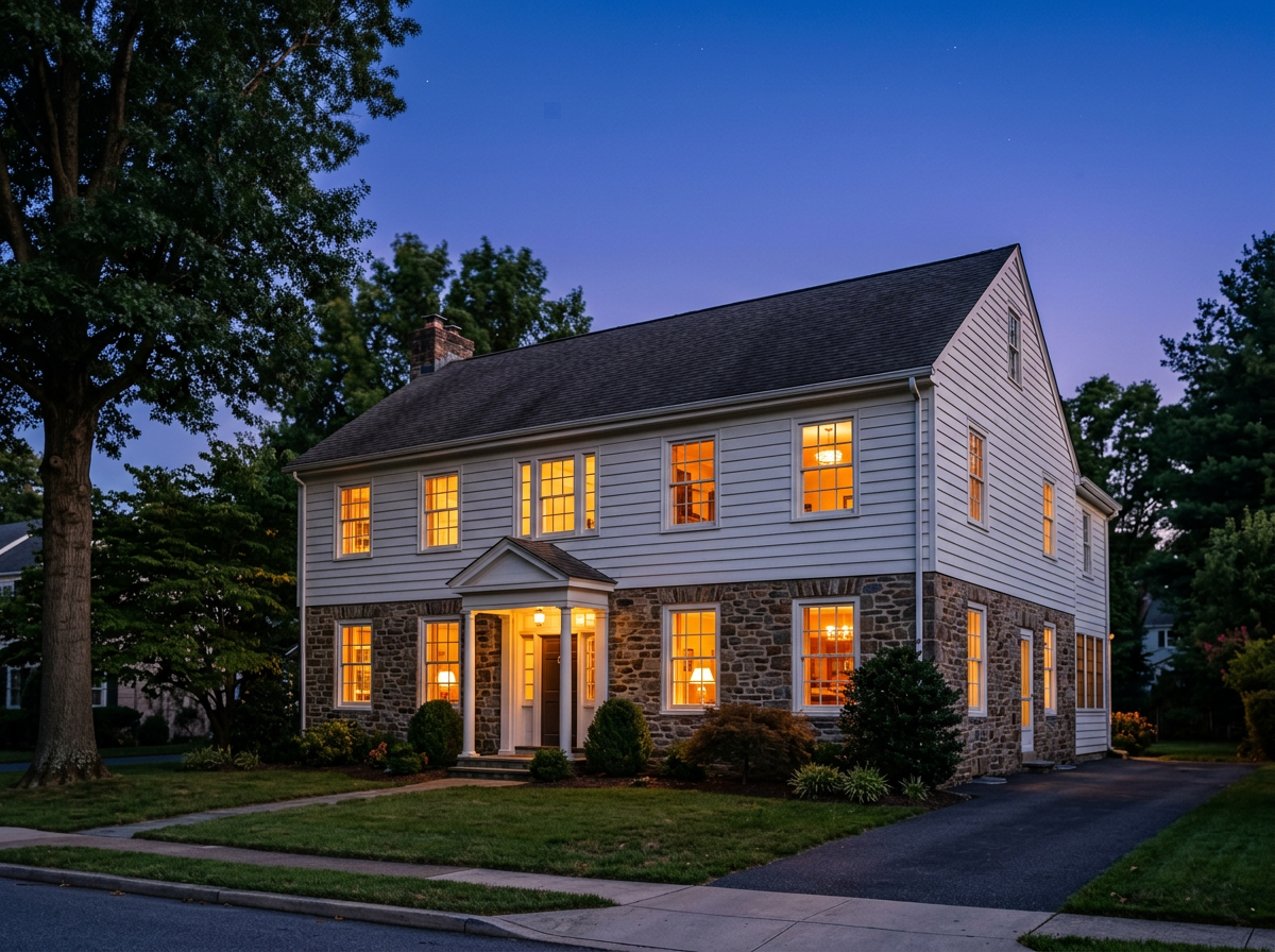 A two-story house with a stone facade and white siding, illuminated from within, during twilight with a clear sky and trees surrounding it.