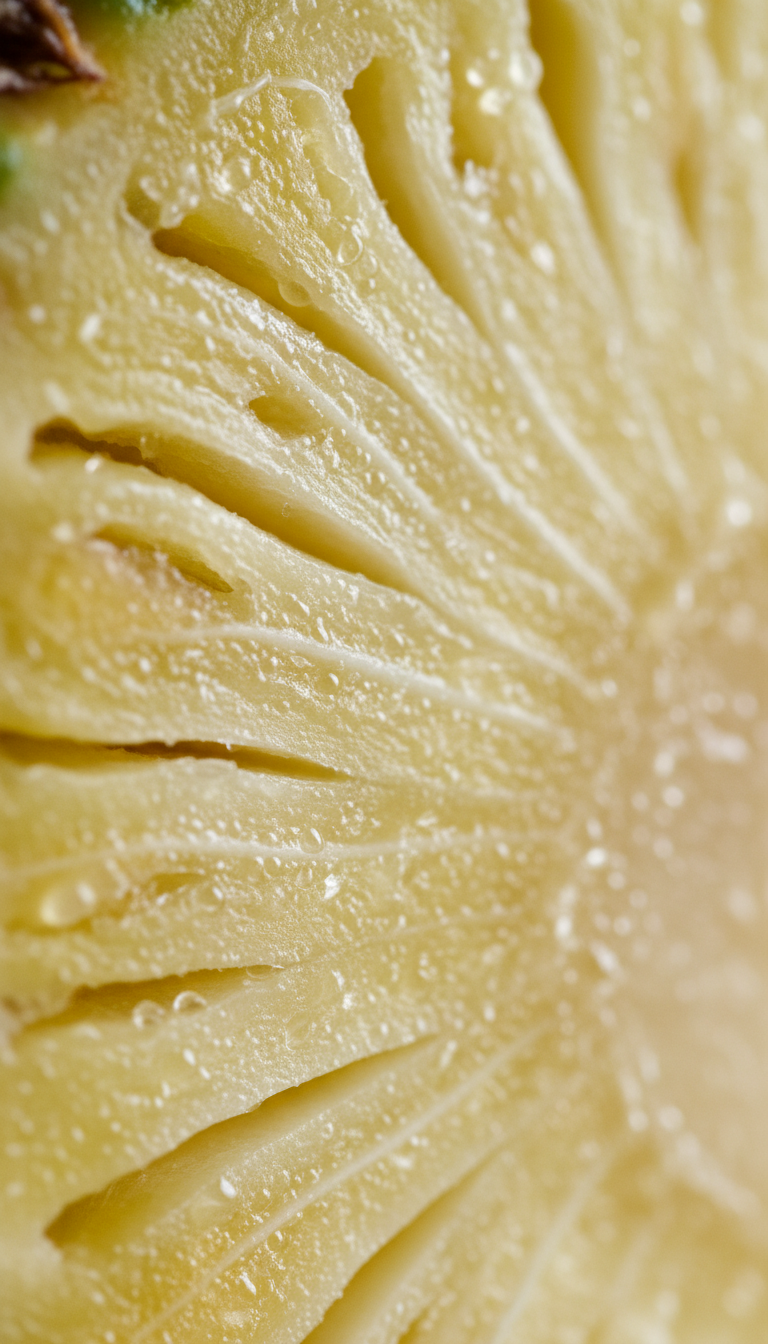 Close-up of a yellow pineapple slice with water droplets on its surface.