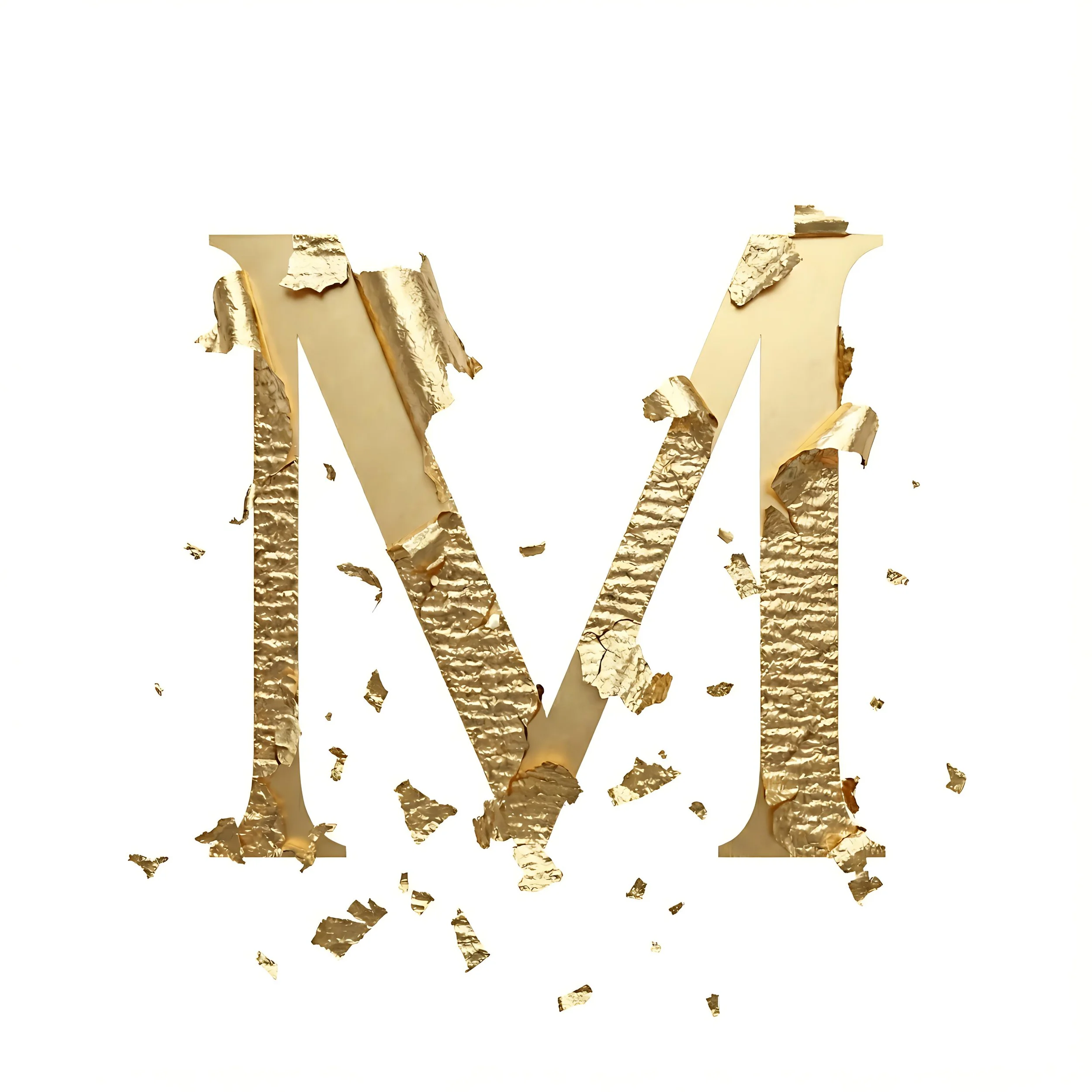 Gold metallic letter M with flaking and scattered gold foil pieces on a white background.