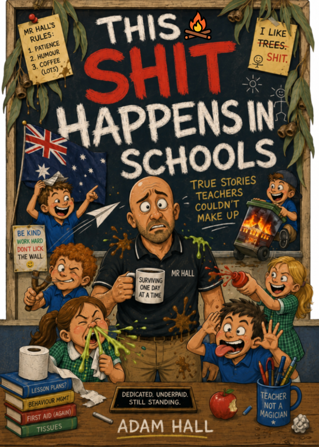 Humorous illustrated classroom poster reading “This Shit Happens in Schools,” featuring overwhelmed teacher Mr. Hall surrounded by mischievous students and school-themed props.