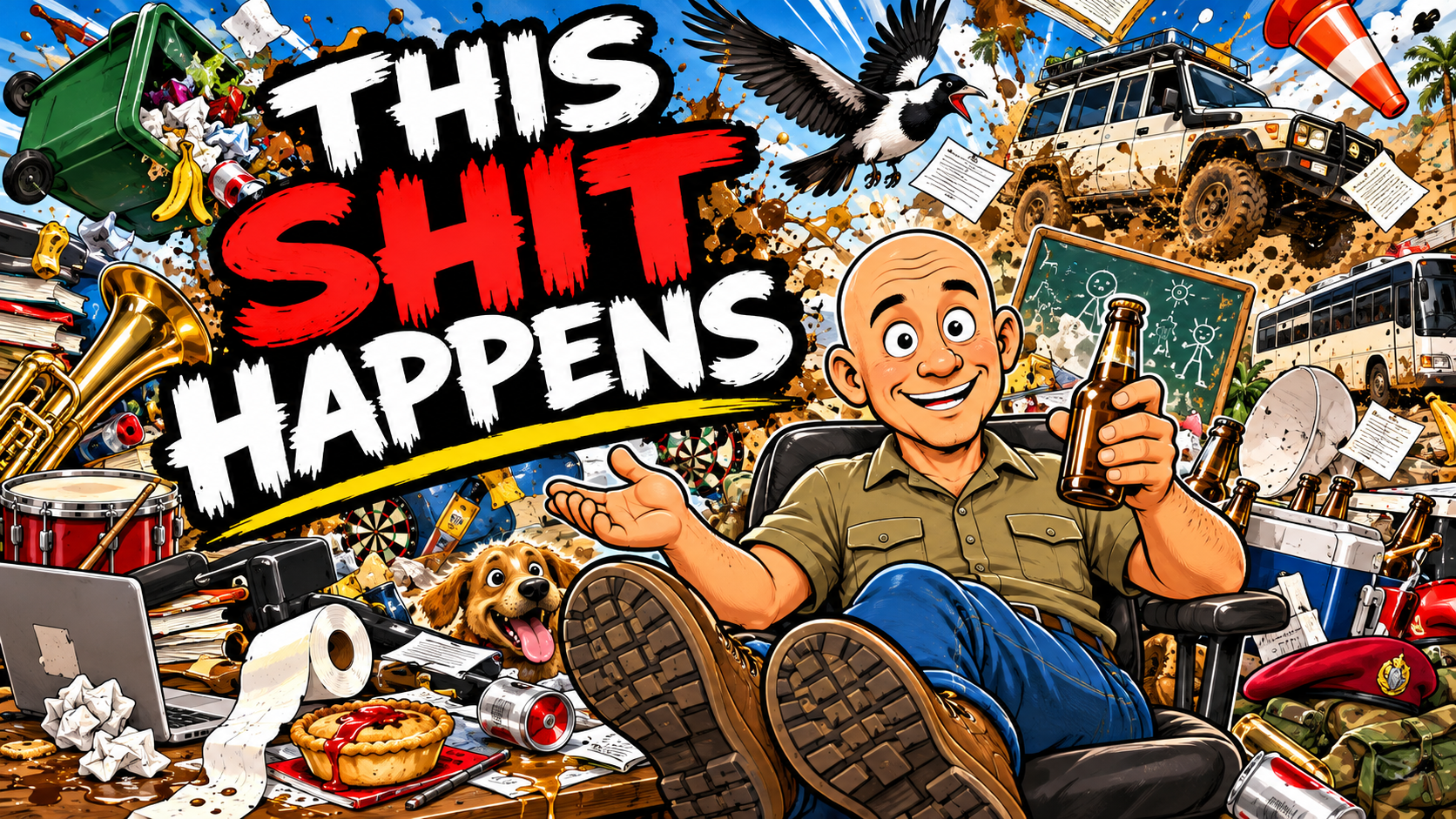 Cartoon collage with a smiling man holding a beer bottle, surrounded by clutter, trash, a dog, vehicles, musical instruments, and the bold text “THIS SHIT HAPPENS.”