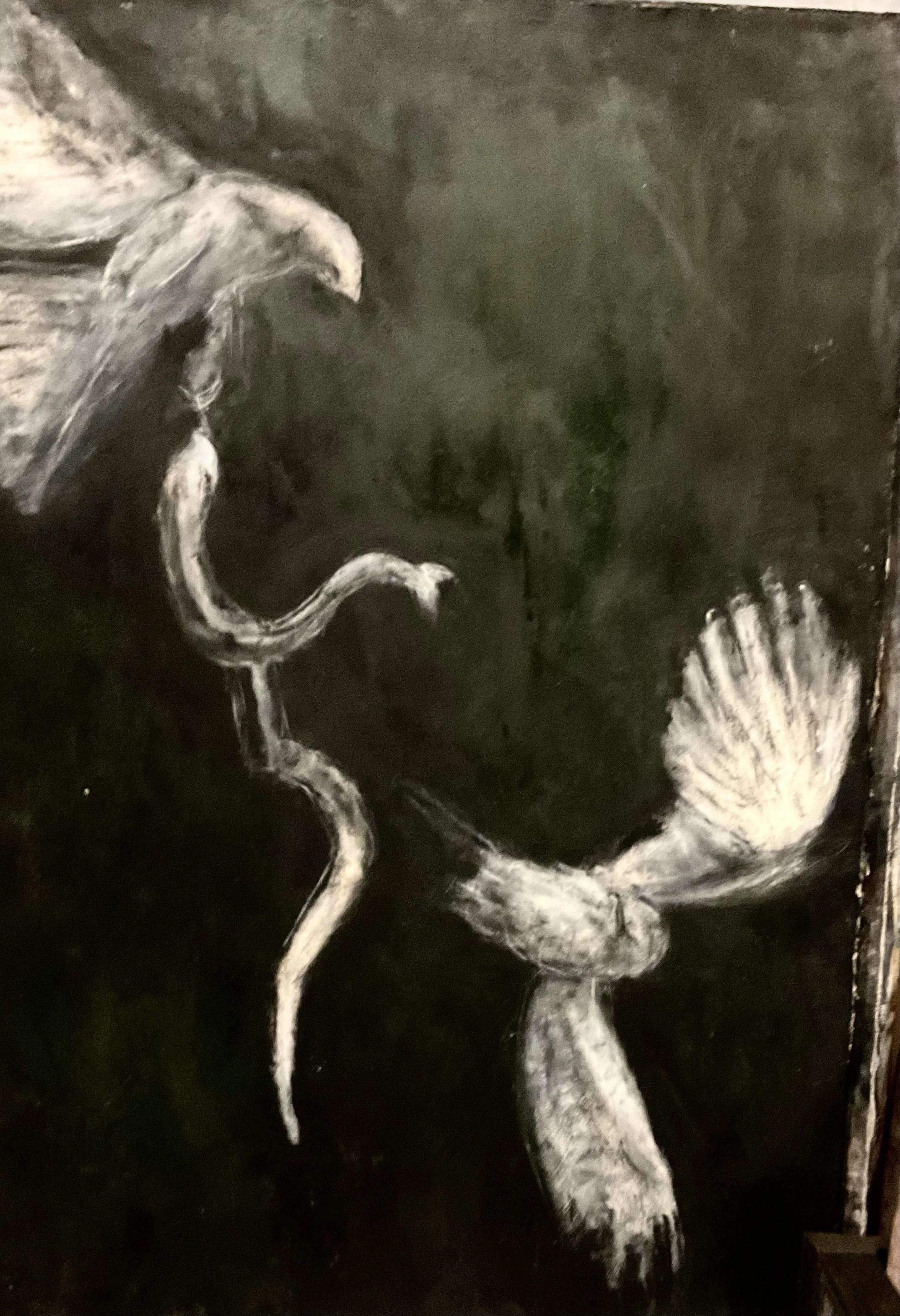 A black and white painting of a kudu, a type of antelope, depicted with large, spiraled horns and distinctive facial markings, set against a dark background.