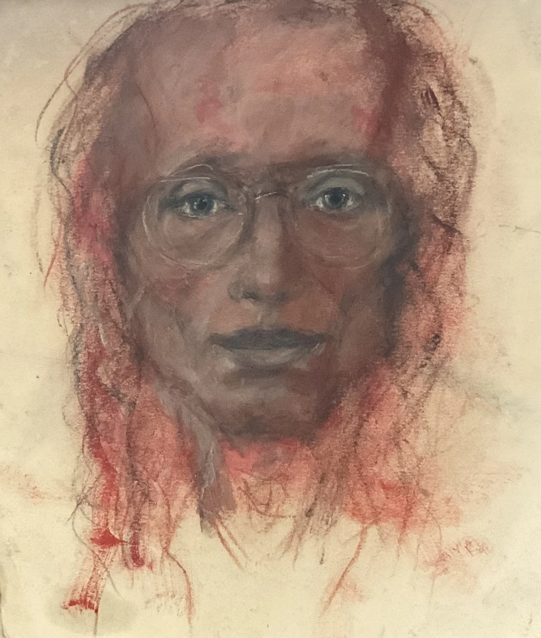 A colorful portrait of a woman with glasses and red hair, created with pastels or colored pencils.