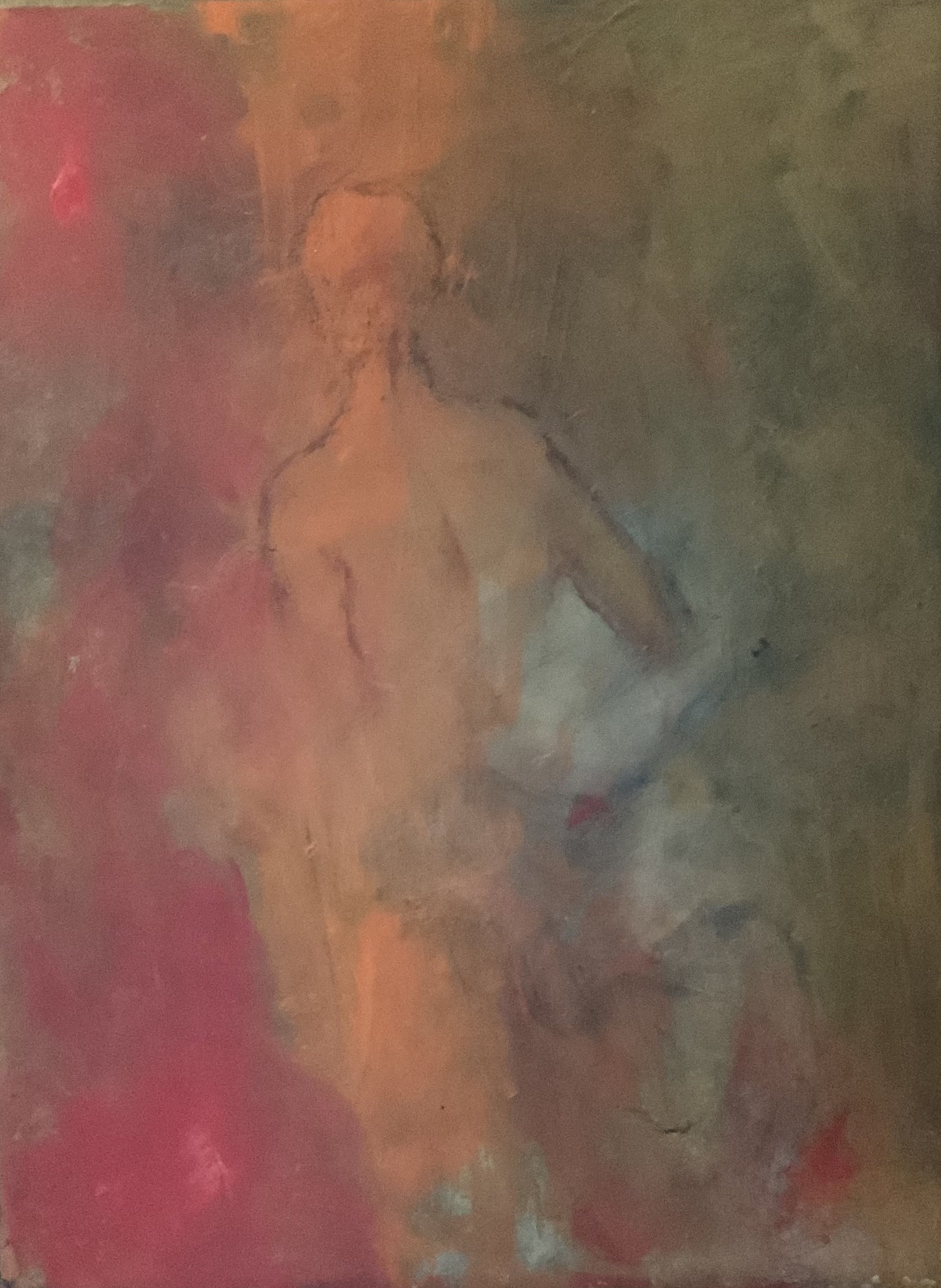 Abstract painting with a mix of warm colors like red, orange, and brown, with some darker and lighter shades blending together.