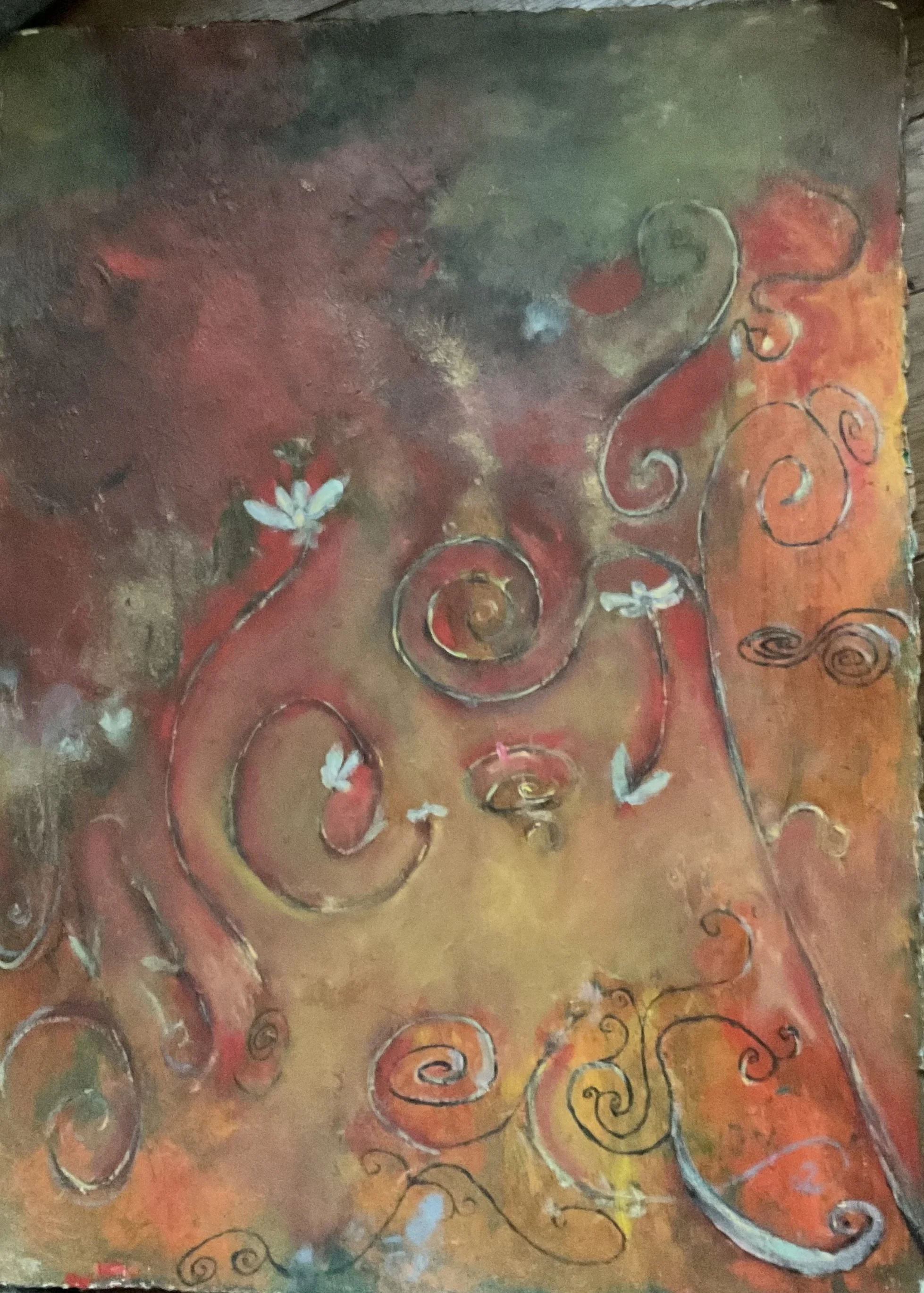 An abstract painting featuring swirling black lines on a background of warm colors, including red, orange, yellow, and green, with small white flowers scattered throughout.