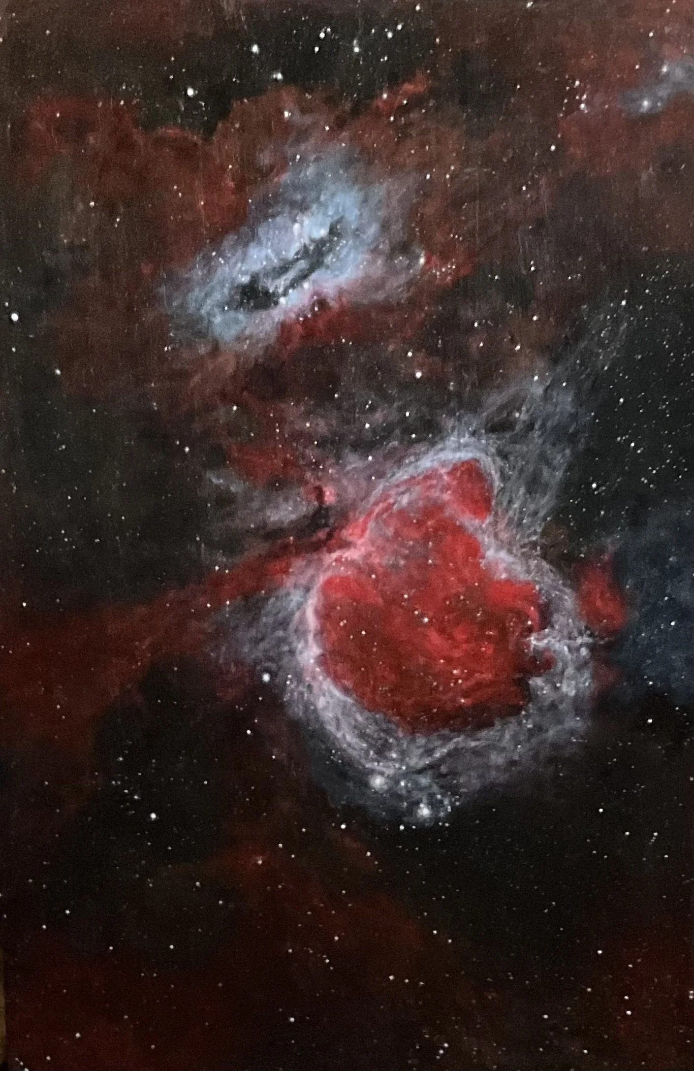 A photo realistic of orion m42. stars, nebulae, and a swirling galaxy with red, white, and blue hues.