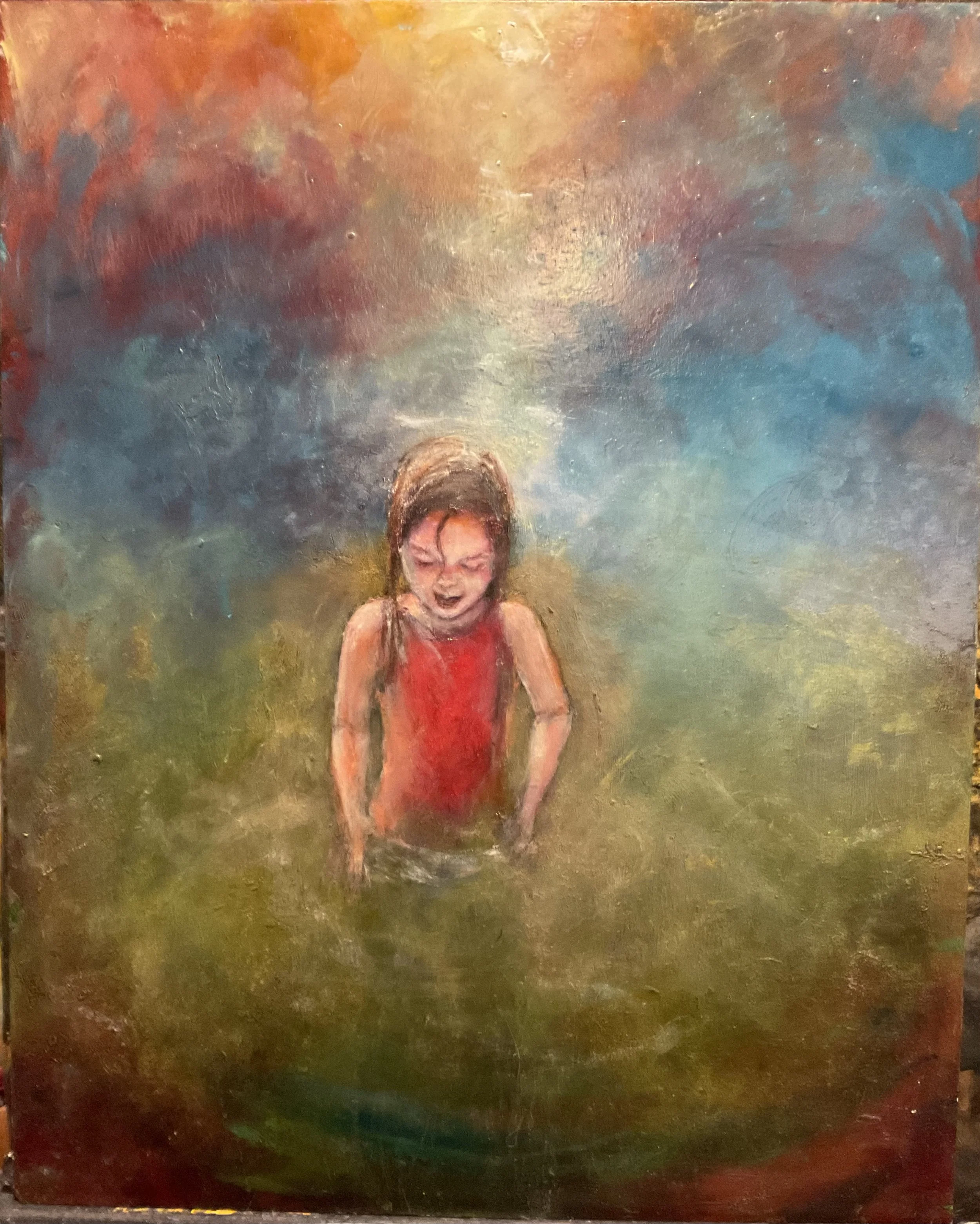 A painting of a young girl in a red dress standing outdoors with a colorful, abstract background.