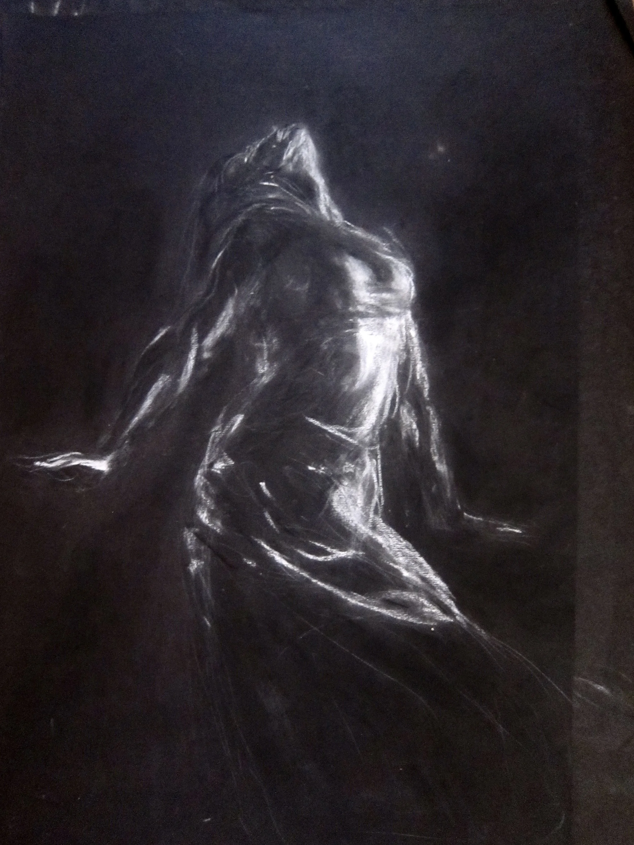 White chalk drawing of a woman with long hair, looking upwards, on a black background.