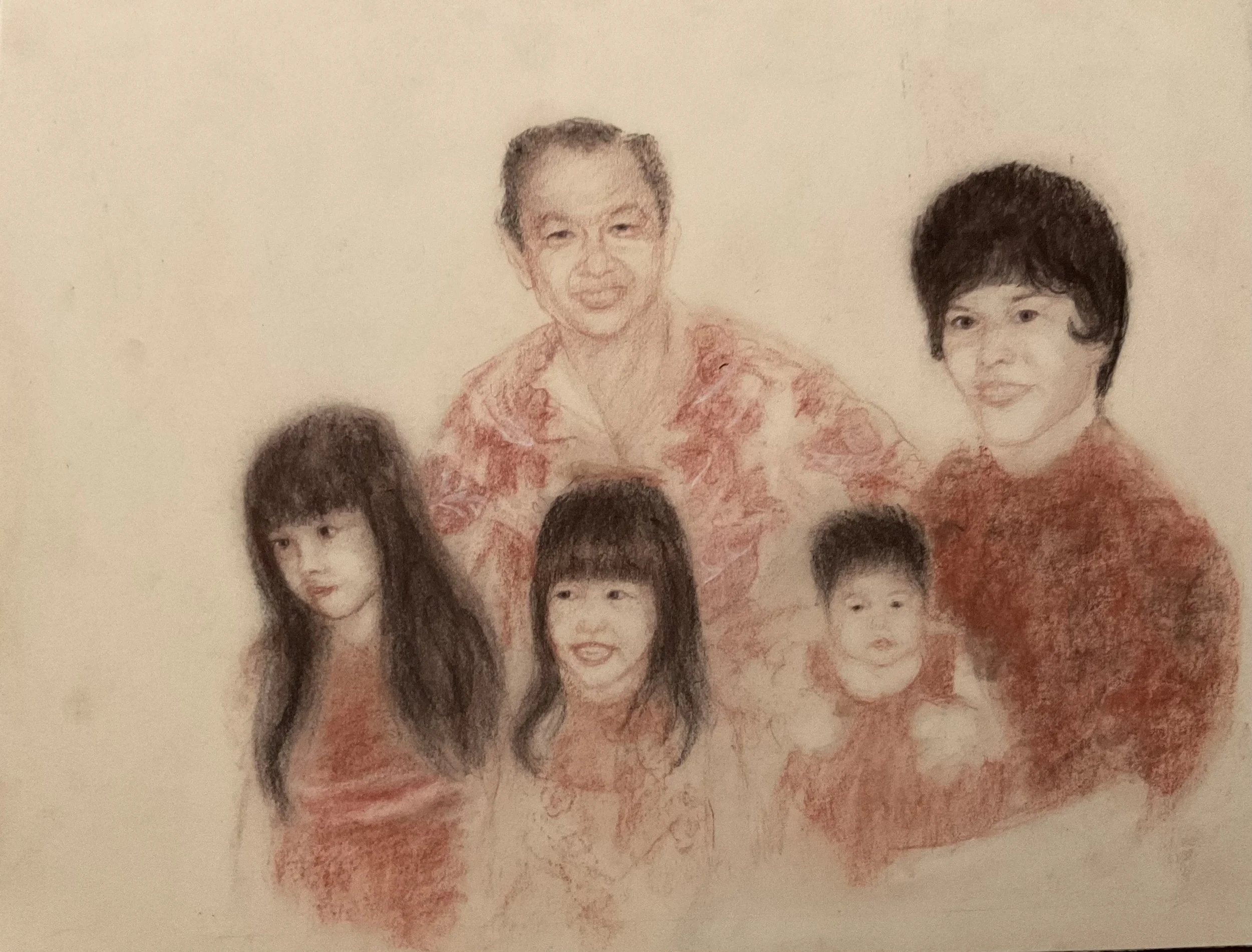 Drawing of a group of 5 Chinese family on arriving to America