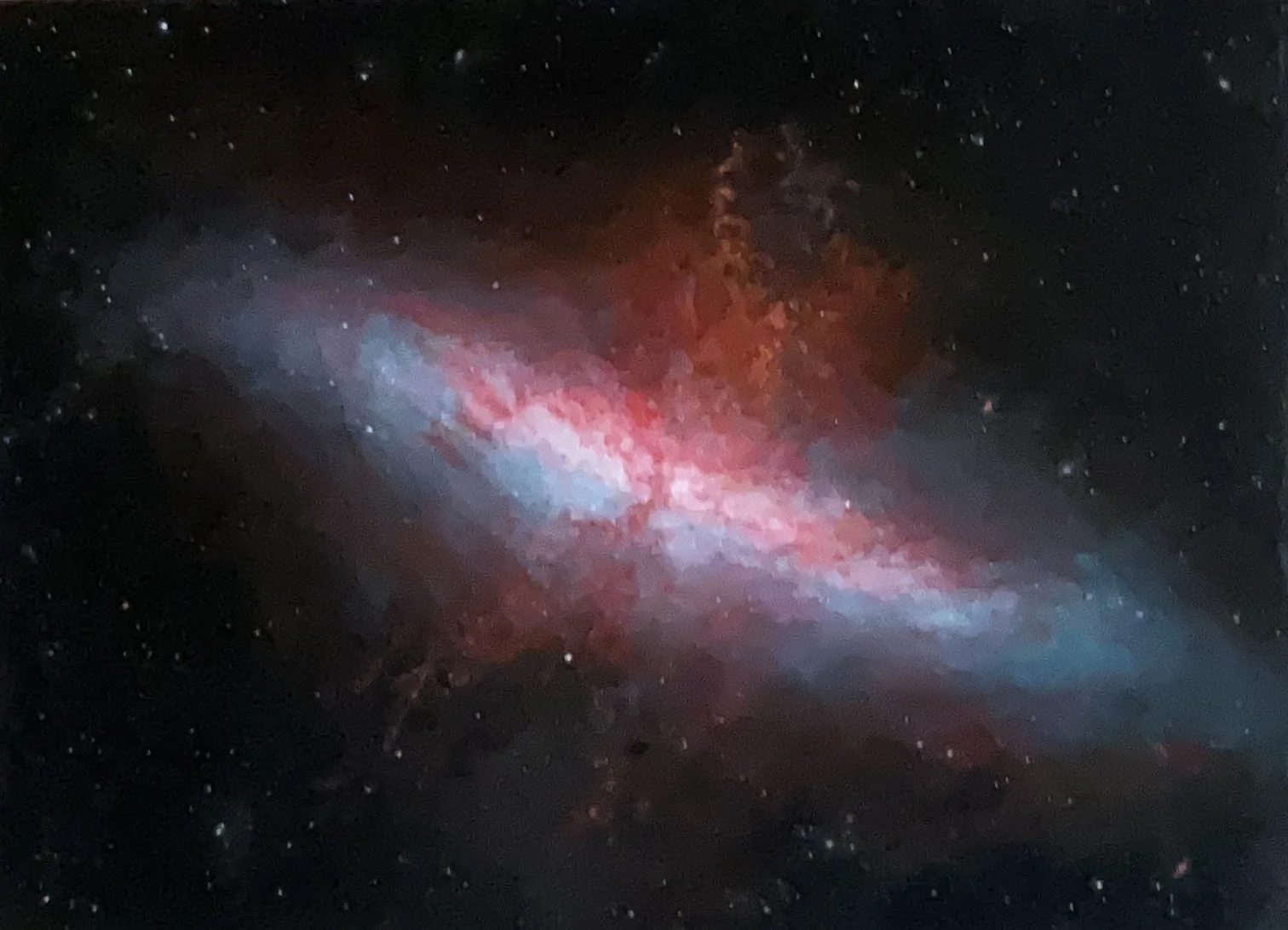 A photo realistic painting of an image of a galaxy with bright pink and blue colors, surrounded by stars in space.