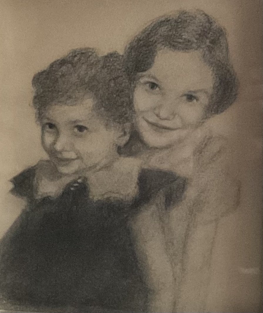 A pencil sketch of a woman with short hair and a smiling young girl with curly hair, both looking at the camera.