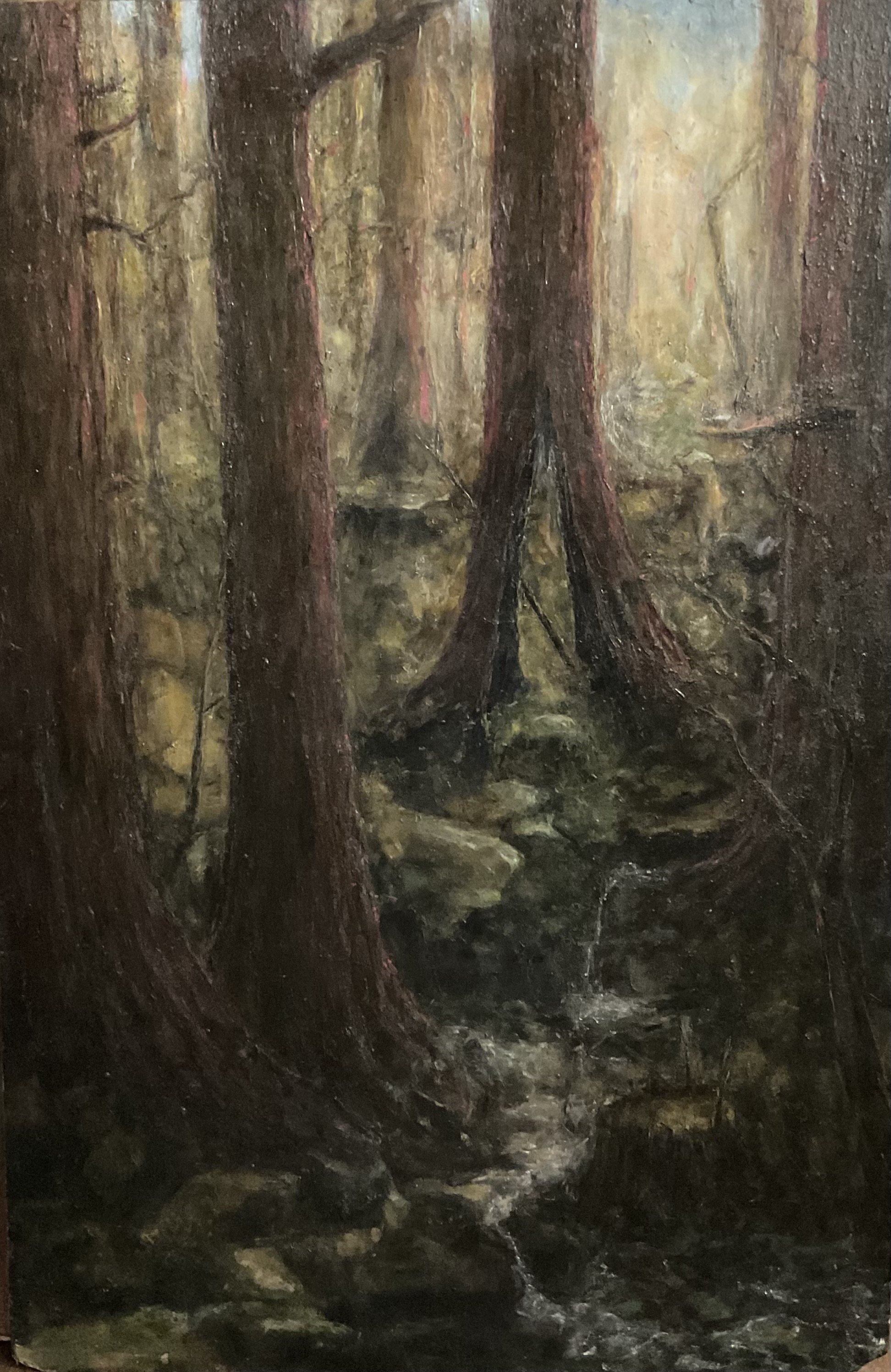A painting of a dense forest with tall trees, a small stream running through the rocks, and overall dark earthy tones.