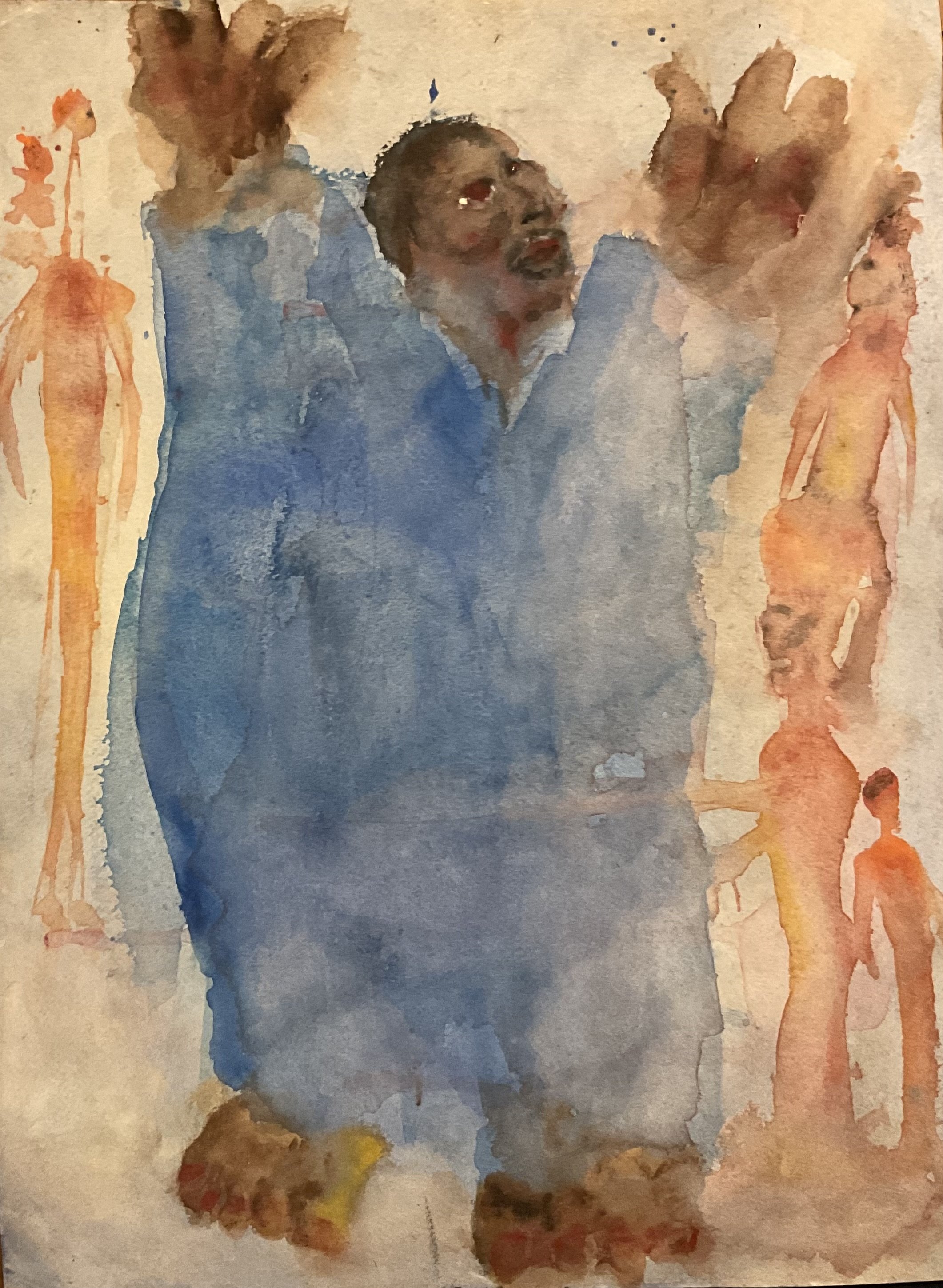 A watercolor painting of a woman praising Gaia