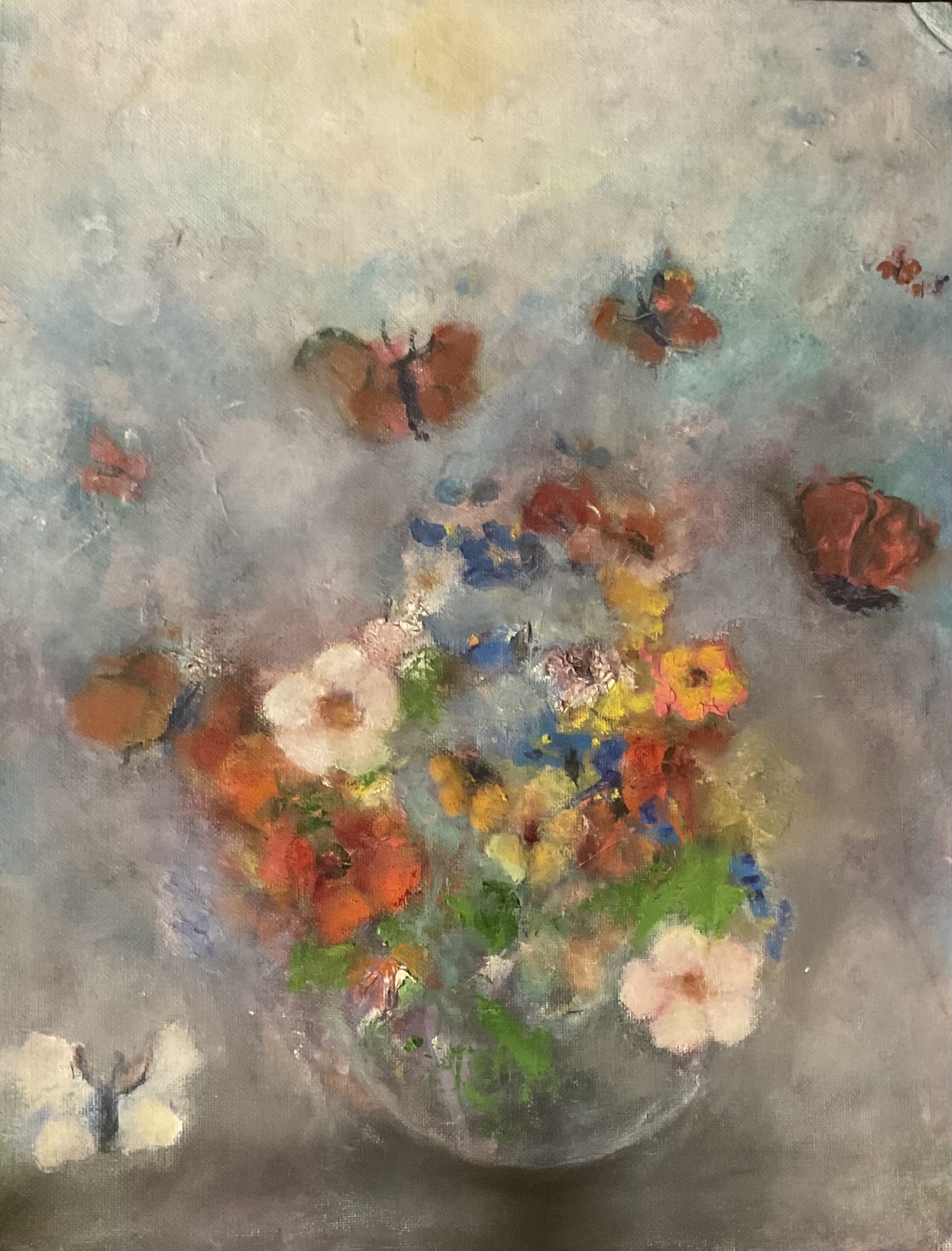 A painting of colorful flowers in a vase, with butterflies flying around in a soft, impressionistic style.