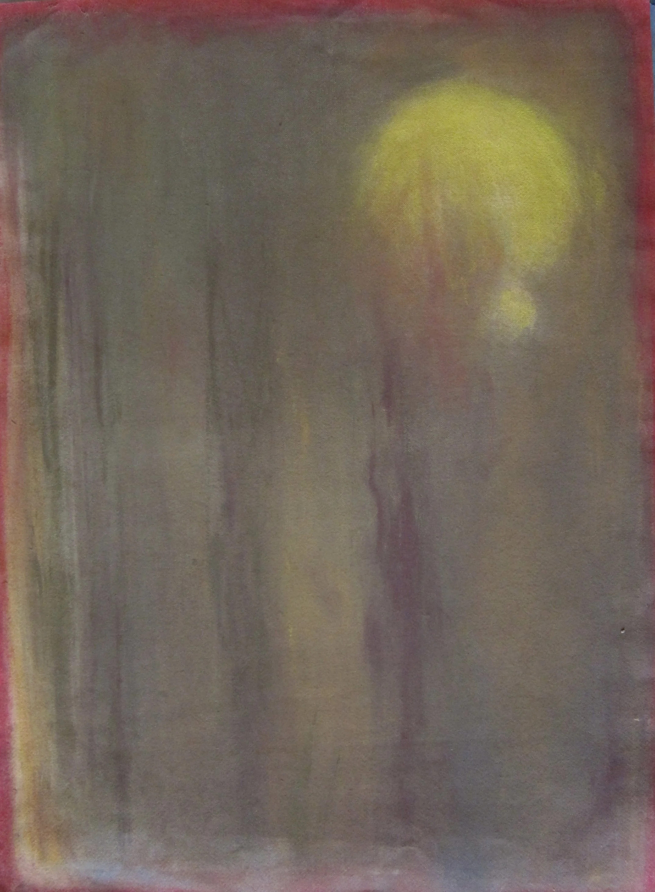 Abstract painting with a large yellow circular shape on the right side, with a darker background and red and blue border accents.
