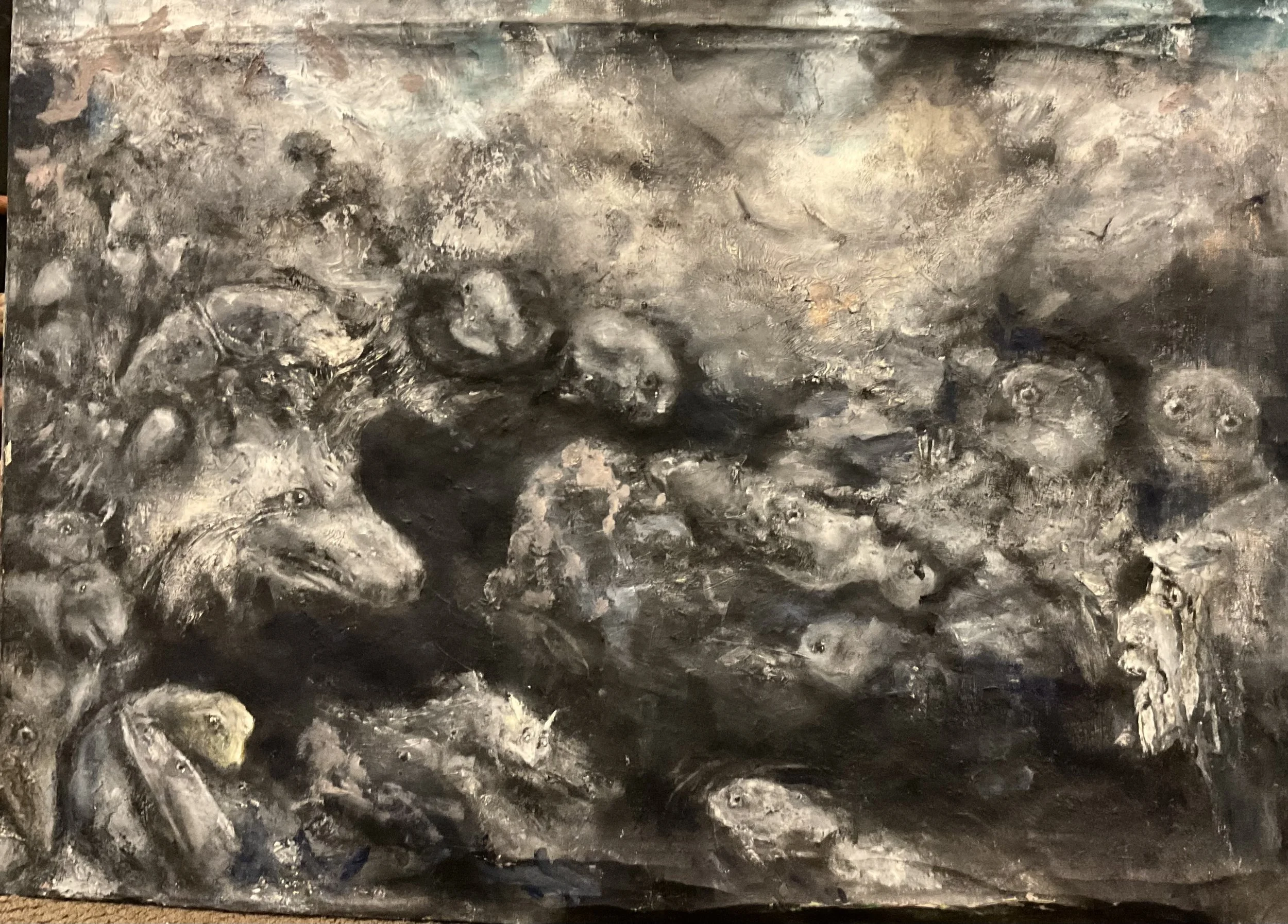 An abstract painted artwork featuring swirling, textured patterns in shades of black, gray, and hints of white.