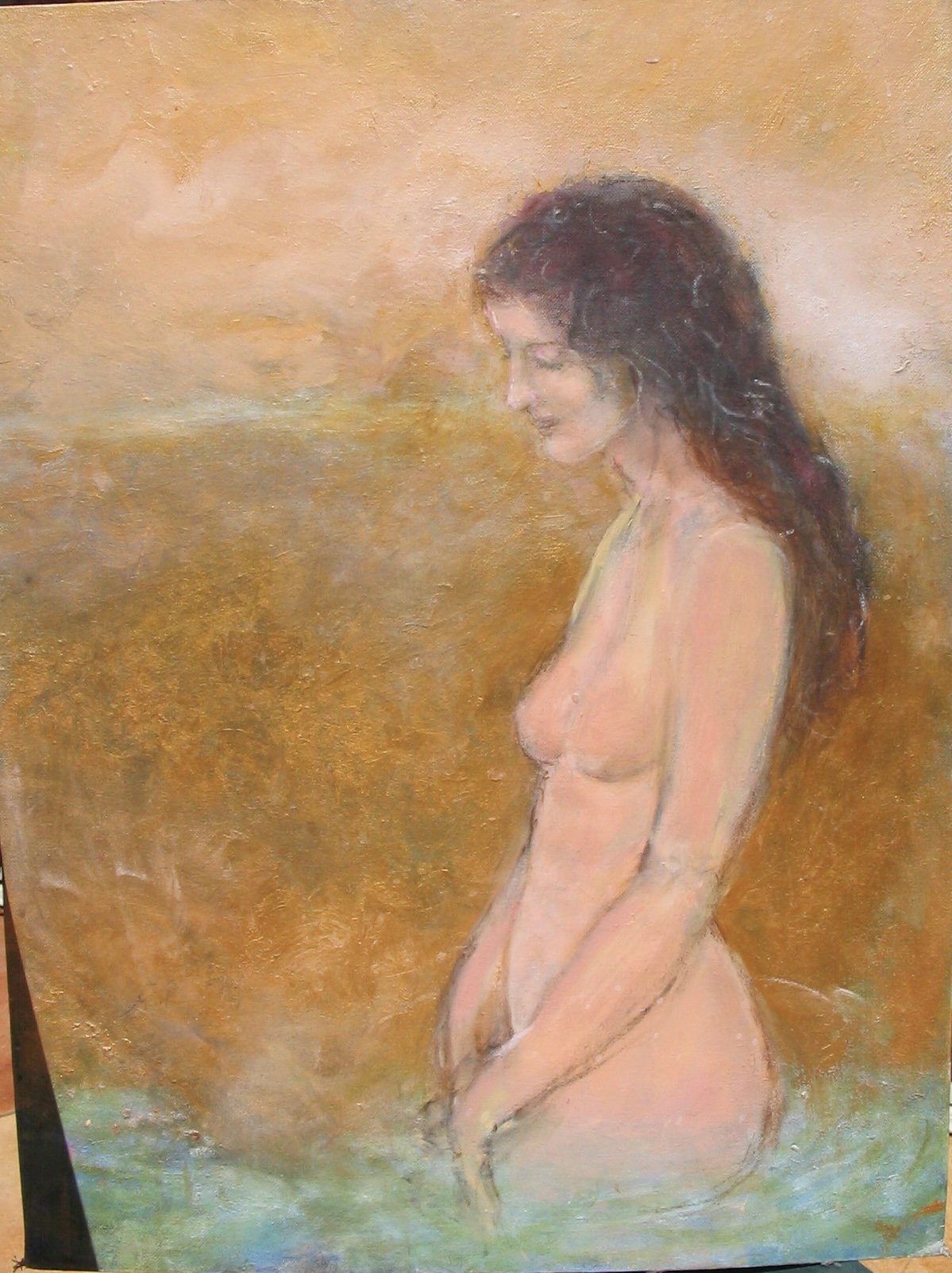 A painting of a nude woman with long, dark hair standing sideways with her eyes closed and head slightly bowed, against a warm, textured background.