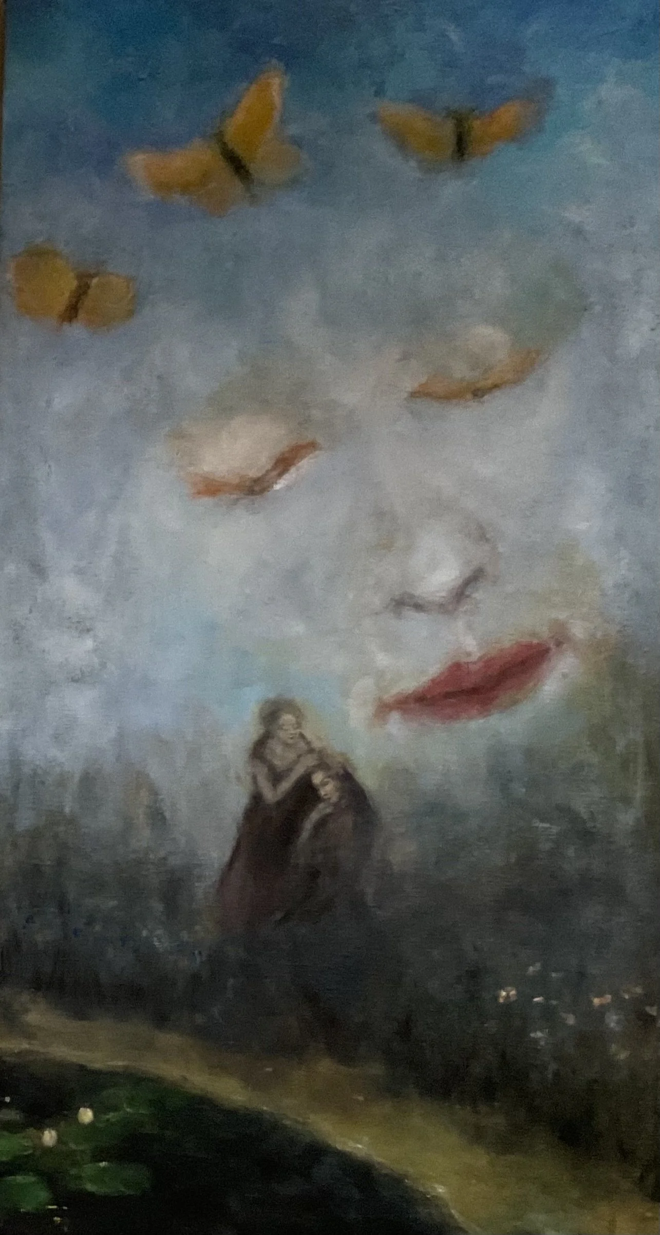 A mural painting depicting Gaia with closed eyes, red lips, and butterflies flying around it, and two small figures embracing at the bottom, in a dreamlike scene.