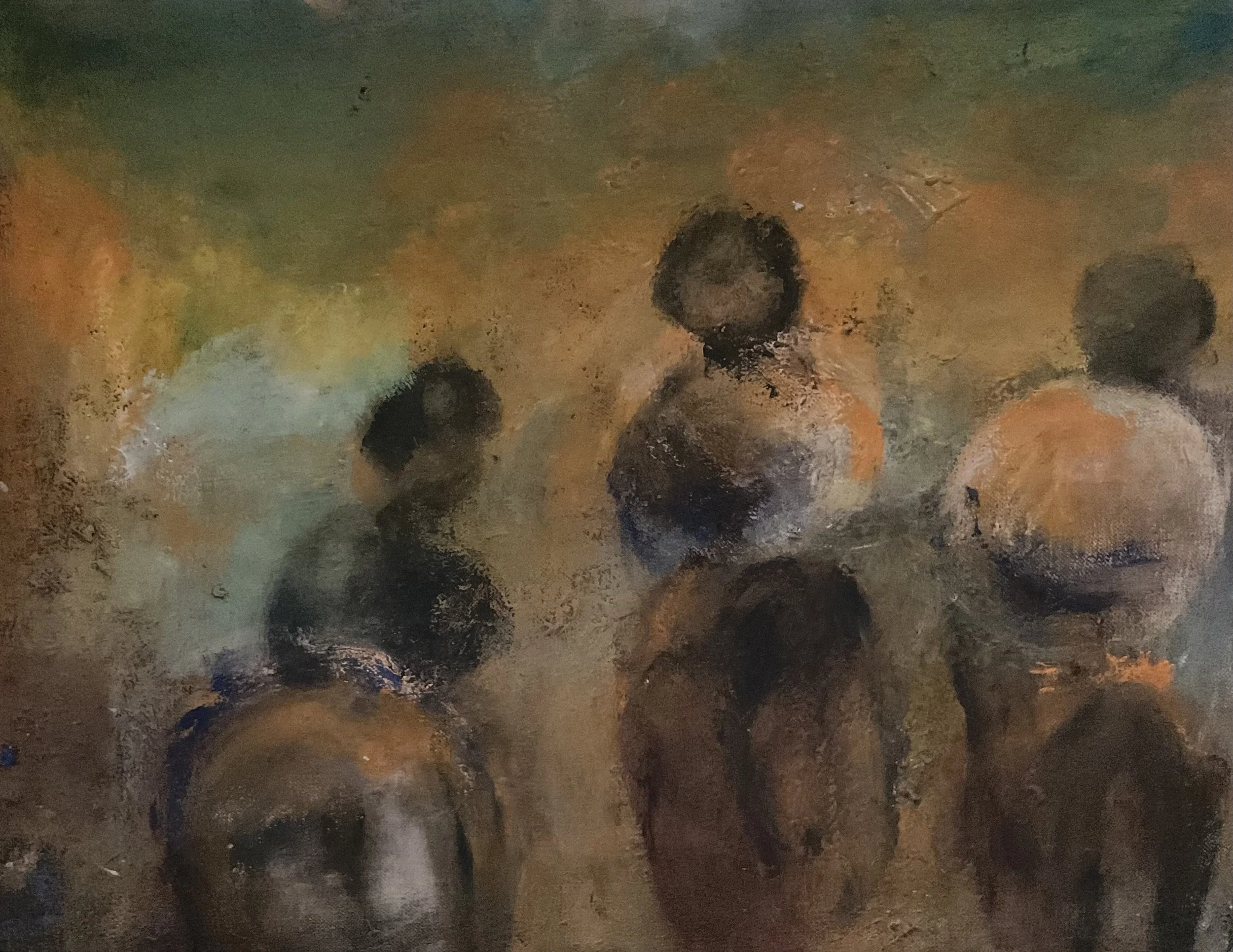 Abstract painting with various colors, primarily earthy tones, depicting indistinct figures or shapes.