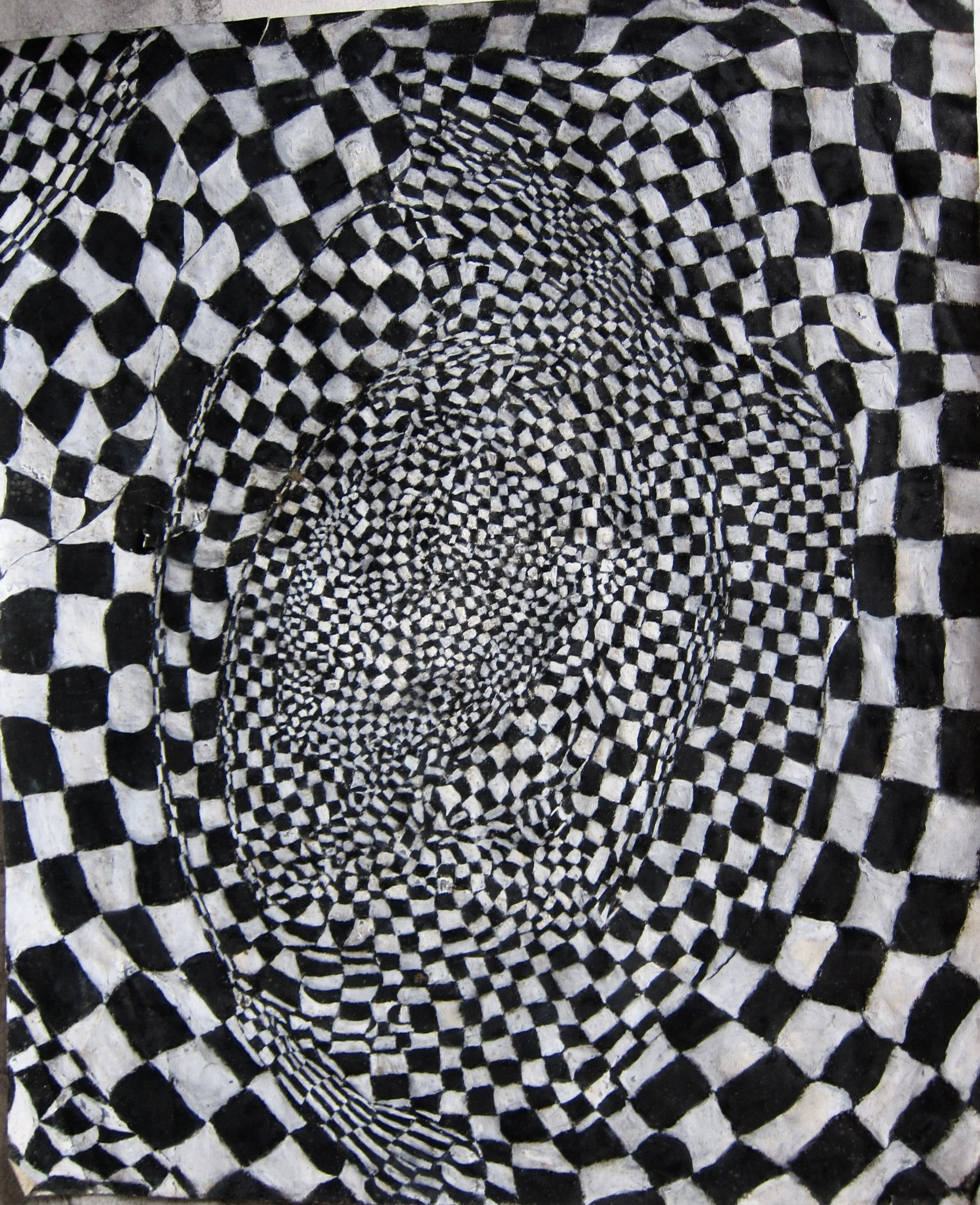 A black and white optical illusion pattern creating a spiraling, tunnel-like visual effect.
