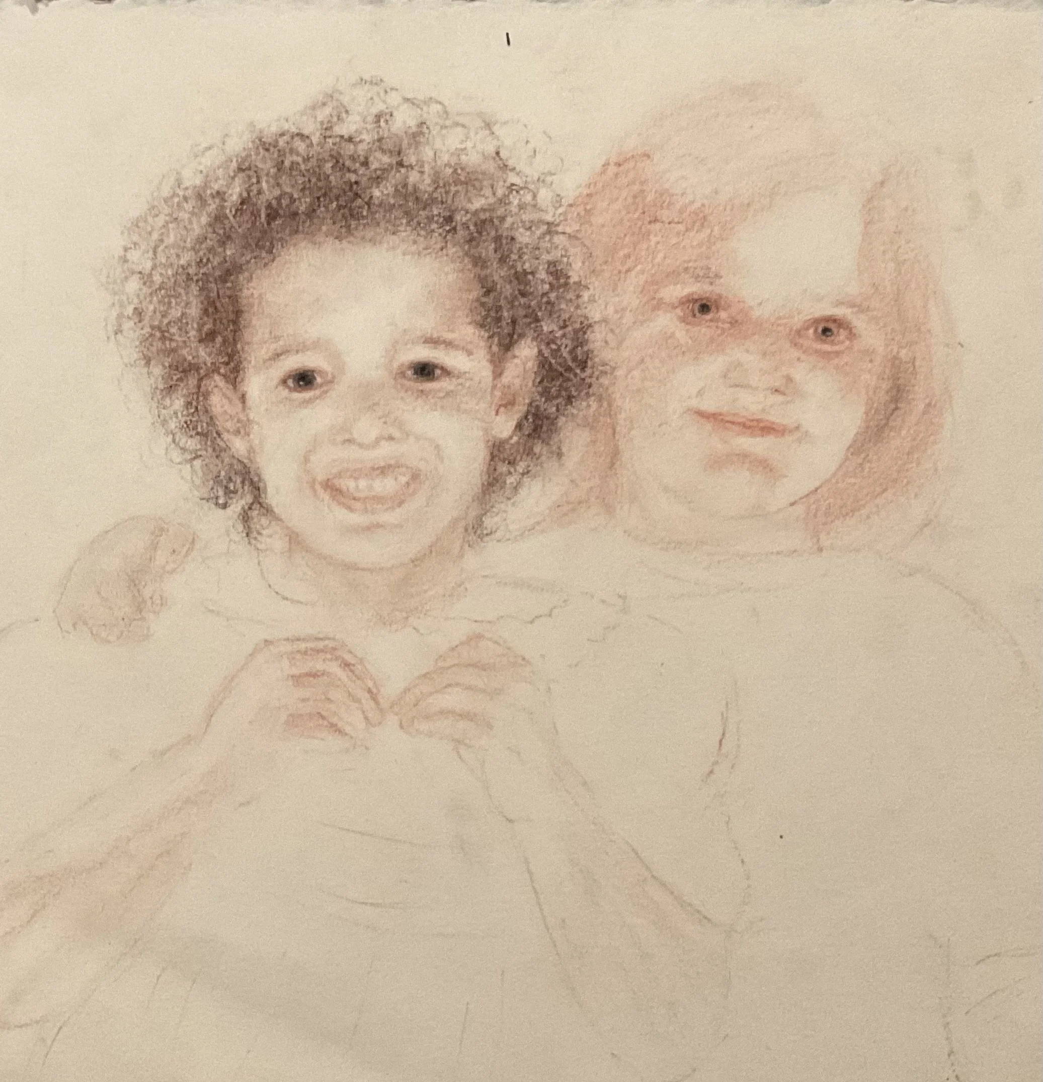 A watercolor portrait of two children, one with curly brown hair and the other with straight reddish-blonde hair and blue eyes, on a beige background.