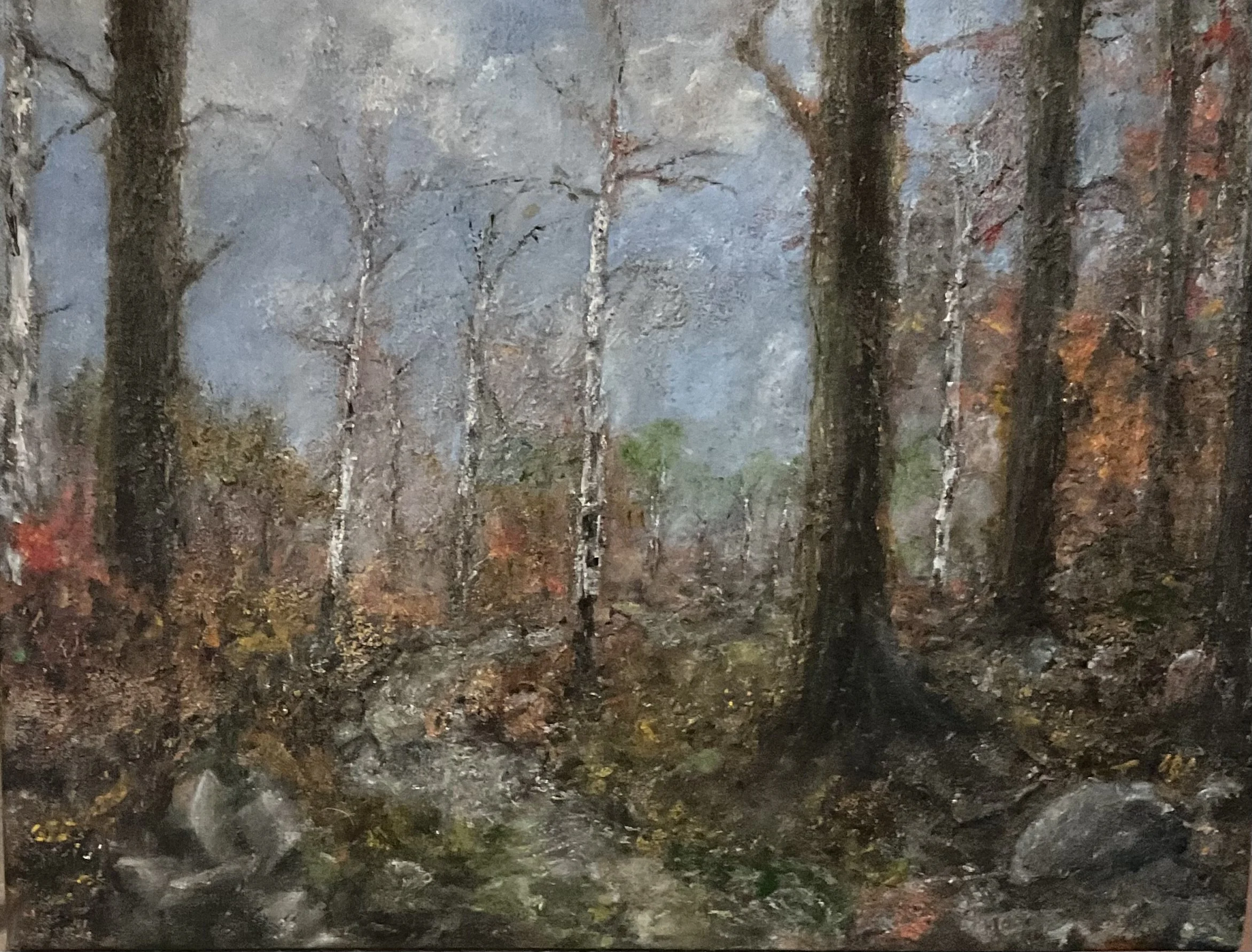 A painting of a forest scene with bare trees and fallen leaves on the ground, rendered in an impressionistic style with earthy tones and muted colors.