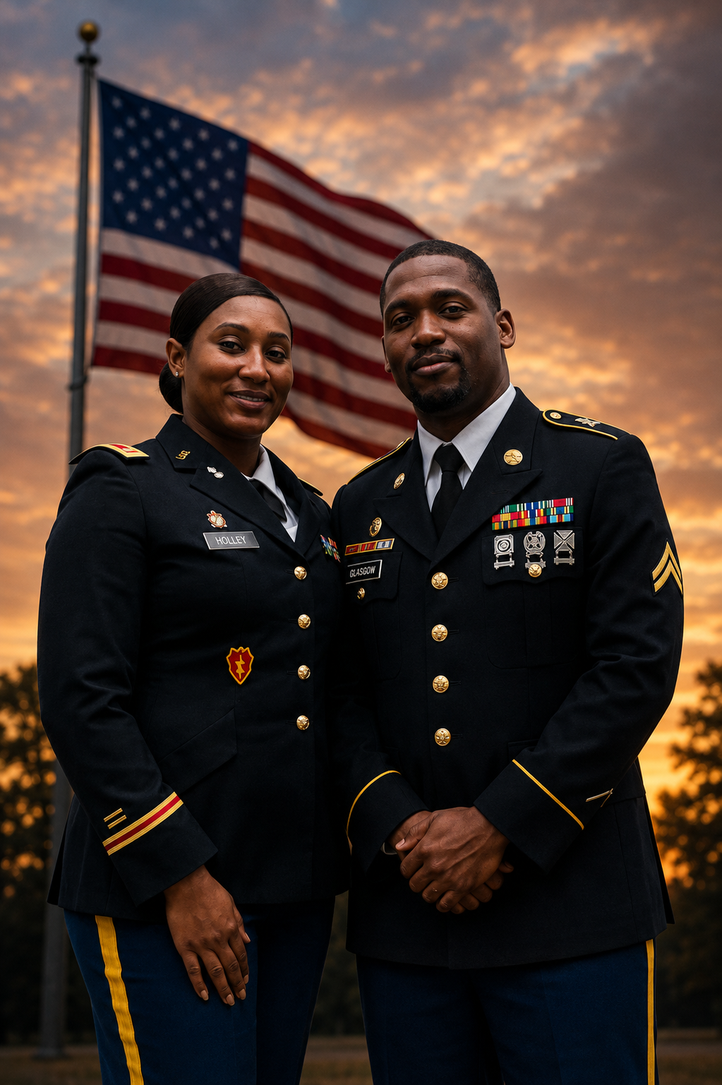 A man and woman in military dress uniforms standing in front of an American flag, with a sunset sky in the background.