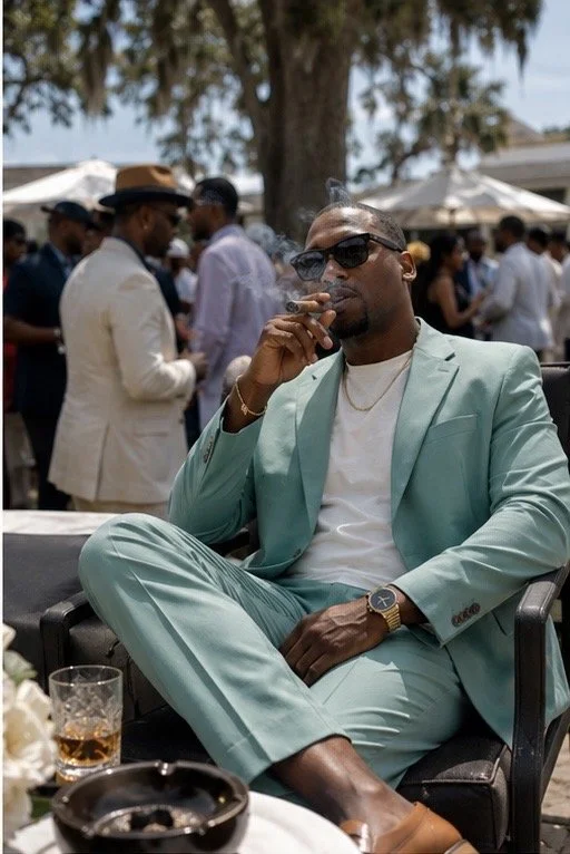 A man in a mint green suit, wearing sunglasses, smoking a cigar, sitting outdoors at a social gathering. People are in the background, some in formal attire, on a sunny day with trees and umbrellas.