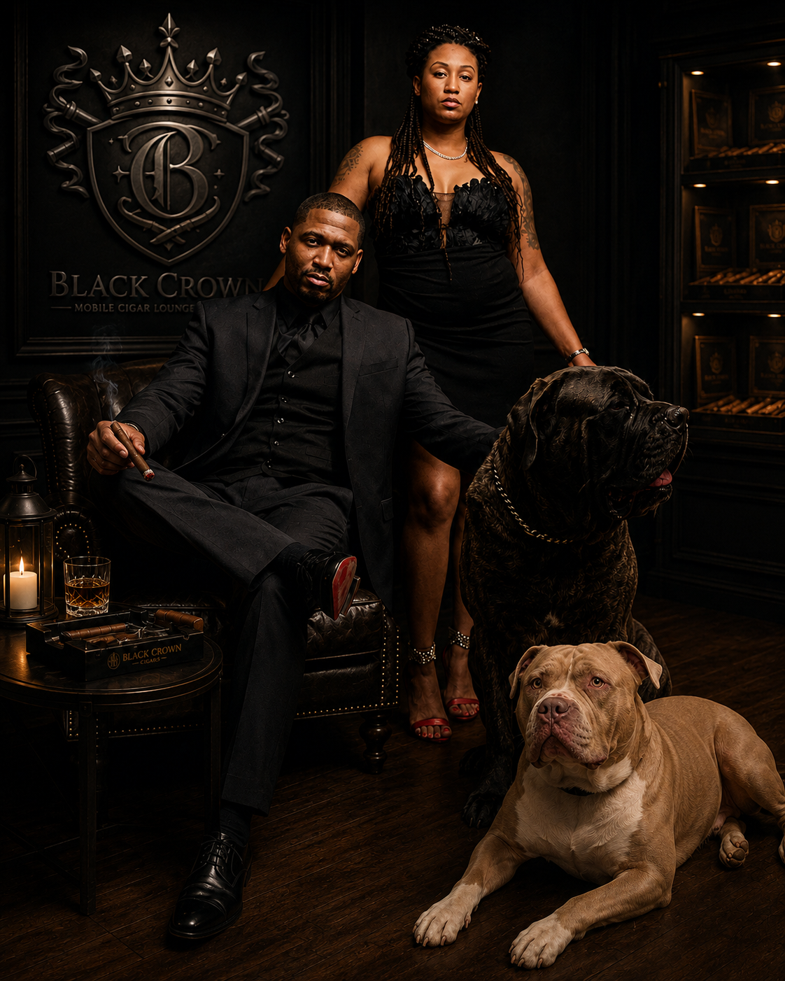 A man in a black suit sitting on a chair holding a cigar, with a woman in a black dress standing behind him, inside a luxurious lounge with the Black Crown logo on the wall, two large dogs sitting on the floor, one black and brindle and one light brown, along with candles and cigars on a small table.