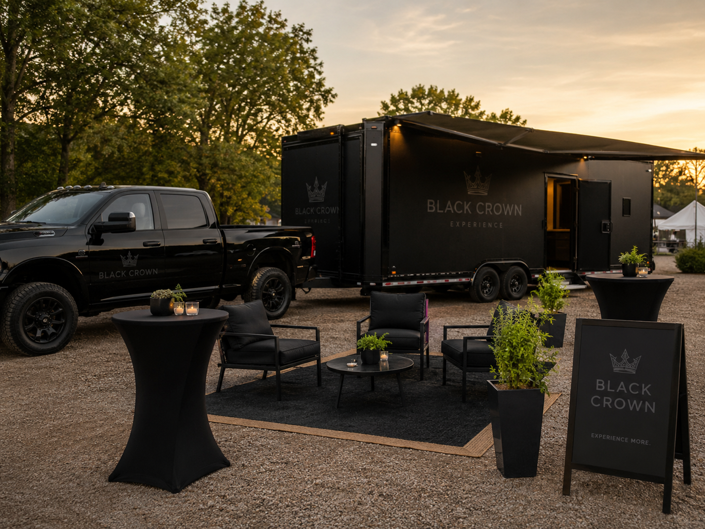 Outdoor event setup with black chairs, potted plants, small tables with candles, a black truck and trailer with the logo 'Black Crown Experience', and a signboard promoting 'Black Crown'. The scene is set during sunset with trees in the background.