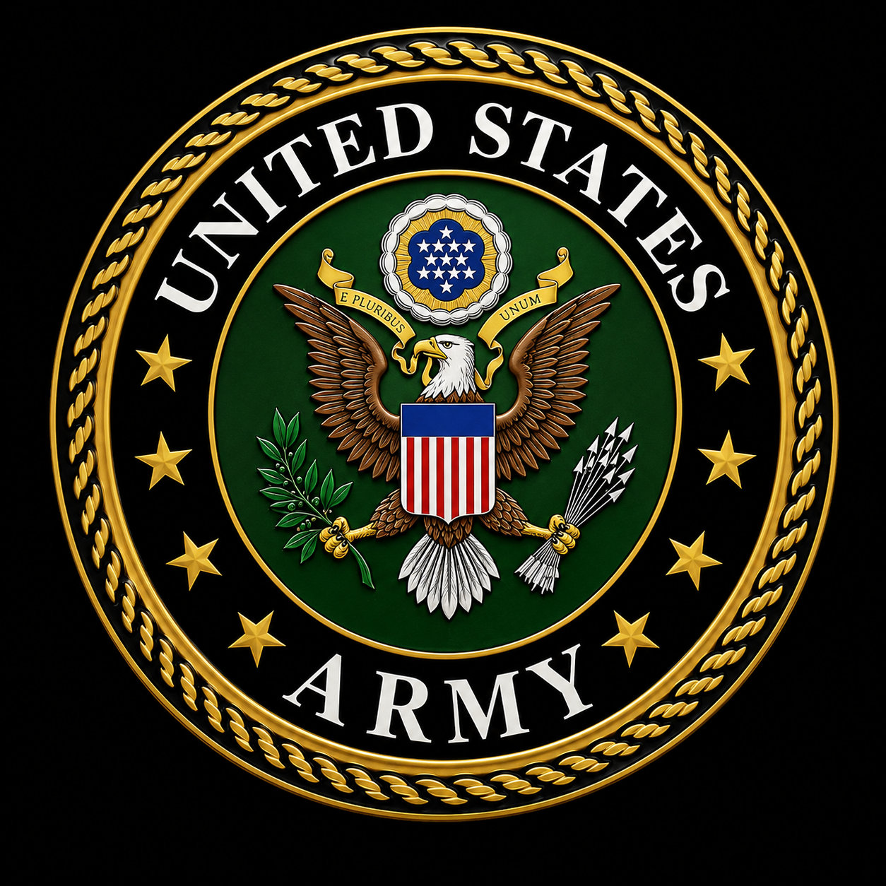 The official emblem of the U.S. Army featuring an eagle with outstretched wings, holding an olive branch in one talon and arrows in the other, with a shield on its chest and a banner with the Latin phrase 'E Pluribus Unum' above its head, surrounded by a gold-embossed border with the words 'United States Army'.