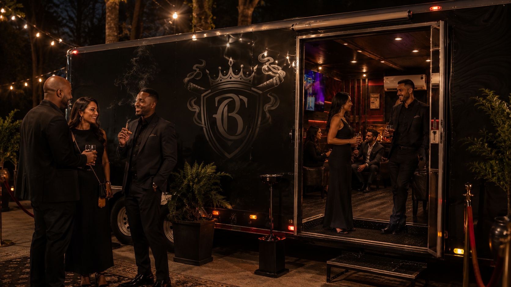 Nighttime outdoor social gathering outside a black trailer bar with a crown and shield logo, featuring a group of well-dressed people chatting and inside, two people stand holding drinks and converse.