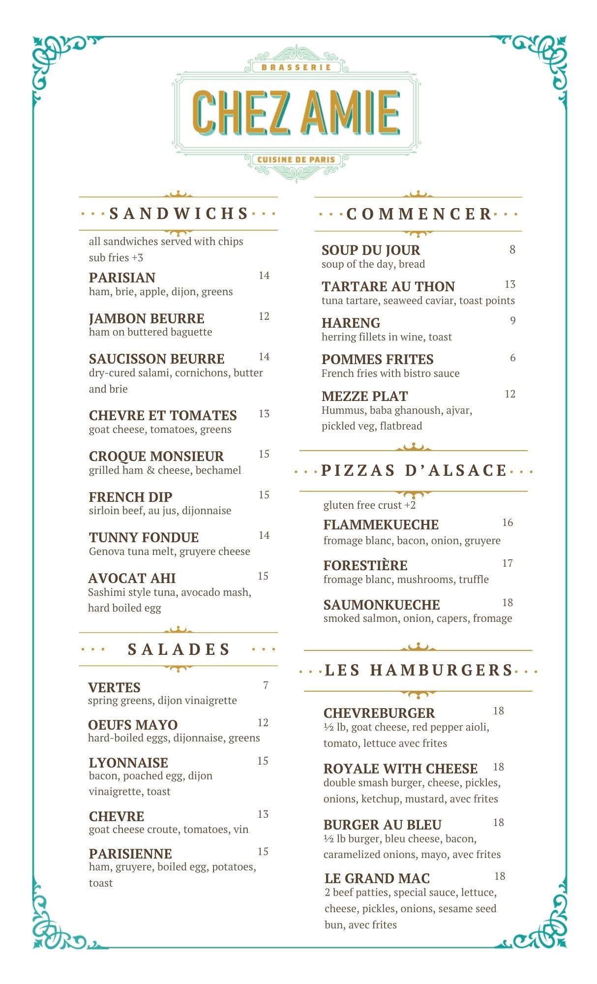 Menu from Chez Amie brasserie featuring sections for sandwiches, salads, starters, pizzas d'Alsace, and burgers with items, descriptions, and prices.